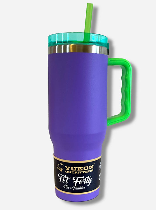 A picture of the front of a tall, purple, sorta skinny tumbler, with a green plastic handle and transparent blue-green top.  The surface is smooth and purple-colored,as it is purple paint covering stainless steel.  The handle, top, and straw are plastic.  The top of the mug is lined with a stainless steel band.  A paper wrapper around the bottom reads: Yukon Outfitters.  Fit Forty 40 oz Tumbler.