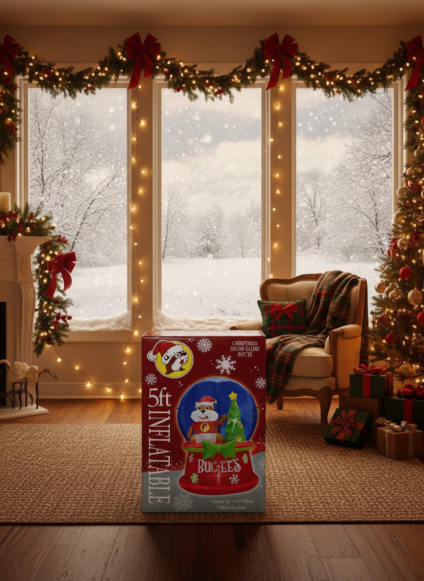 A large rectangular box, with a picture of a five foot, inflatable snow globe with Buc-ee The Beaver in it, with his left paw raised up, and his right down at his side.  He is wearing a red shirt, with a Buc-ee's logo on it.  The inflatable is wearing a large Santa hat.  Next to Buc-ee is a green Christmas tree decorated with a star.  The box is sitting on a rug on a wood floor; Christmas decorations are strewn around a living room with large windows against a snowy landscape.