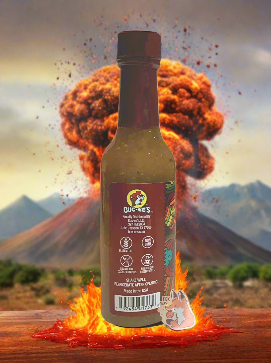 A picture of a small, tall glass bottle of hot sauce. The top of the bottle is sealed with a plastic top. The sauce inside is dark orange.  The background is of an exploding volcano & cartoonish lava is seen flowing around the bottom if the bottle.