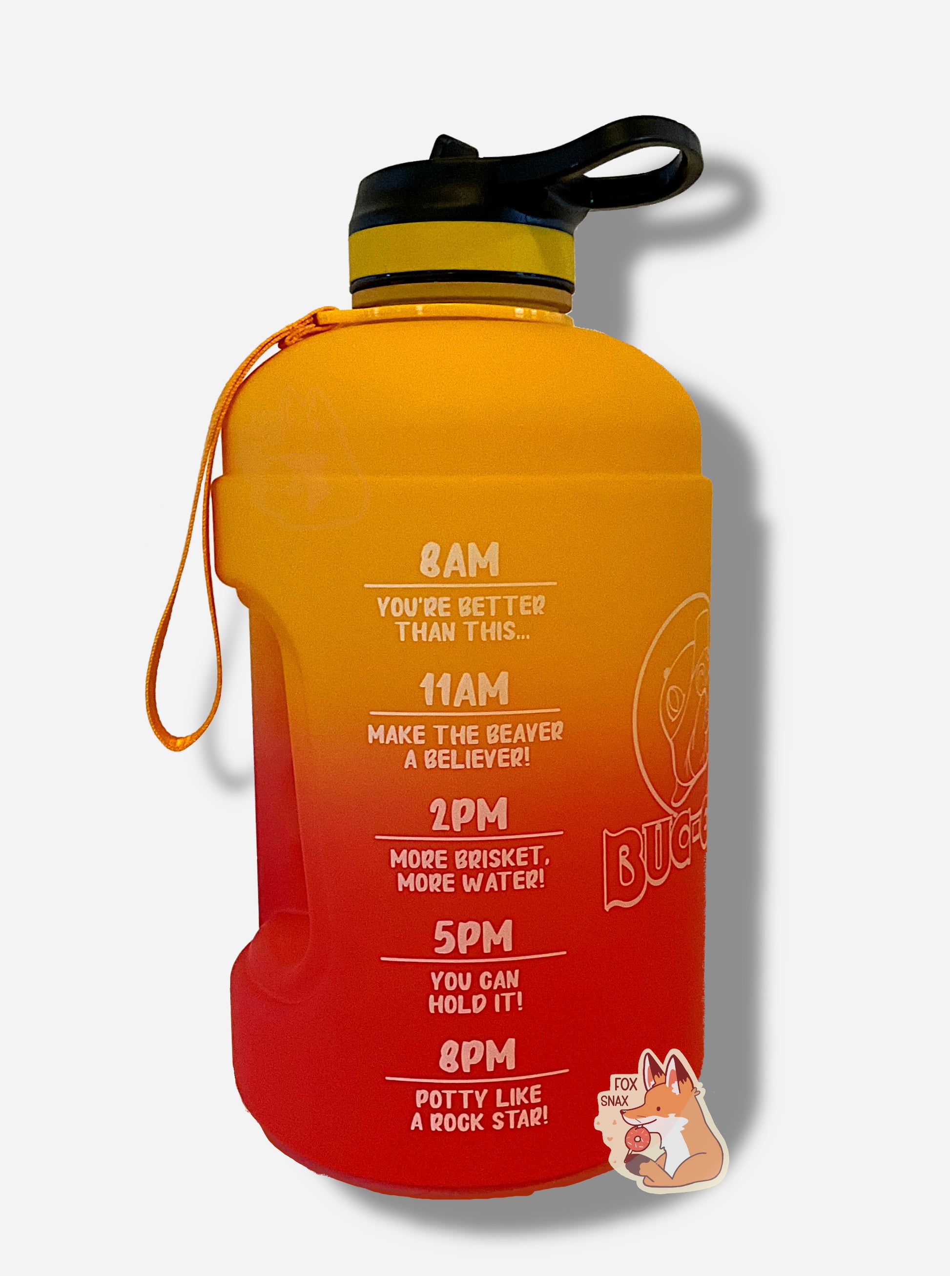 A picture of the side of a large, cylindrical hydration jug, made of plastic.  The bottom is a vibrant red, shading upward through a gradient to a brilliant gold at the top.  A long yellow carry strap is on the side, and on the top, a black plastic handle.  The top of the jug is black plastic, with a yellow band, and a flip-top straw-in-lid in black and yellow.  Text on the side for 8 AM, 11 AM, 2 PM, 5PM, 8 PM indicates goals to drink for the day.