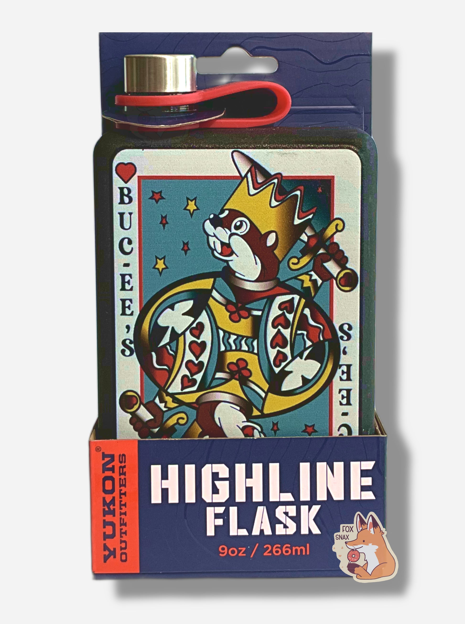 A picture of a short rectangular, black painted flask. The front of the flask looks like a playing card, the king of hearts, but features Buc-ee the Beaver - a brown furred jolly beaver with a serious overbite - where the king would be on the top and reversed bottom of the tumbler - Buc-ee is holding a sword.  The sides of the card show a red heart, then read BUC-EE'S in black font.  The top of the flask has a silver metal cap, held on by a thick red rubber piece. Labeling reads HIGHLINE FLASK 9 oz.