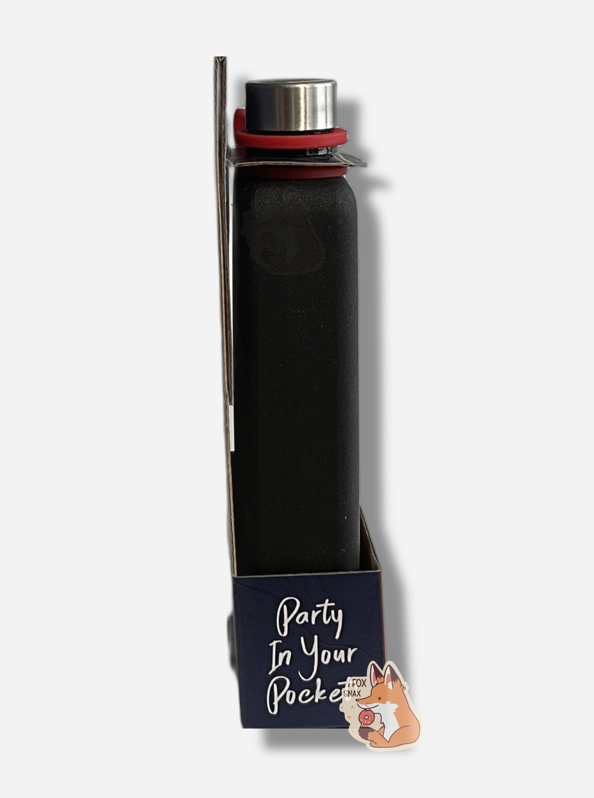 A picture of the left side of a short rectangular, black painted flask. The labeling on the cardboard wrapping reads in a jolly white font, "Party In Your Pocket"