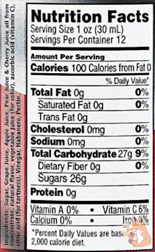 A closeup of the nutrition facts on a bottle of Texas Pepper Jelly's Black Cherry Grape Habanero Pepper Jelly.