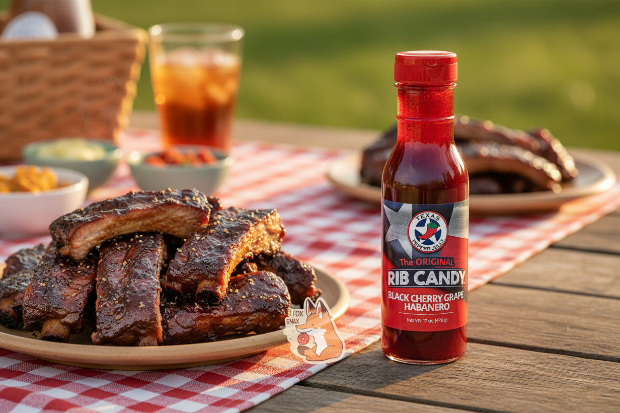 A picture of a plastic bottle of Texas Pepper Jelly's "The Original Rib Candy", Black Cherry Grape Habanero flavor.   The label reads: THE ORIGINAL RIB CANDY BLACK CHERRY GRAPE HABANERO, NET WT 17 OZ in red and white text.  Behind the text is the Texas flag in red, white, and blue.  Inside the bottle is a dark red liquid. The bottle is sitting next to a plate of fantastic-looking ribs on a picnic plate, near some side dishes.  The bottle, plate, and dishes are sitting on a picnic table outside.