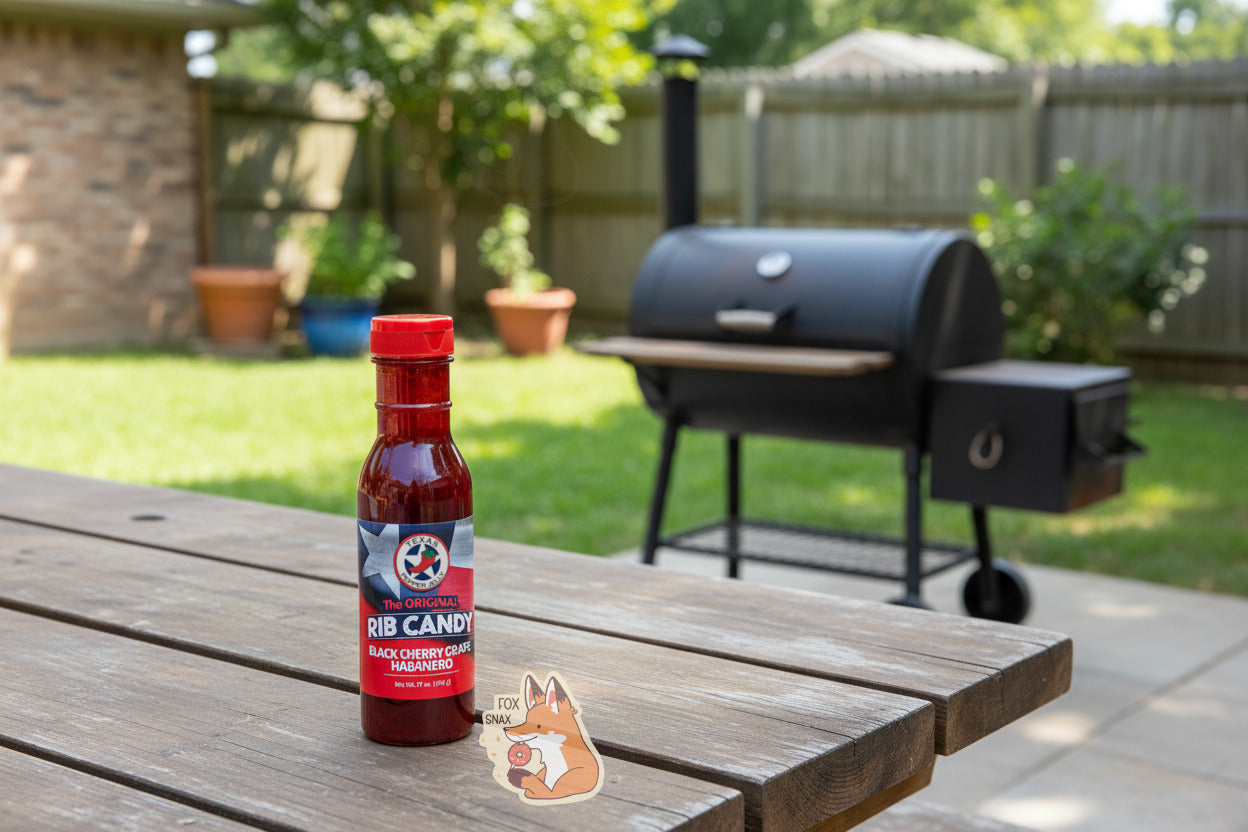 A picture of a plastic bottle of Texas Pepper Jelly's "The Original Rib Candy", Black Cherry Grape Habanero flavor.   The label reads: THE ORIGINAL RIB CANDY BLACK CHERRY GRAPE HABANERO, NET WT 17 OZ in red and white text.  Behind the text is the Texas flag in red, white, and blue.  Inside the bottle is a dark red liquid. The bottle is  sitting on a backyard picnic table; in the background is a fantastic smoker, ready to go!  A fence and plants line the yard's border; clearly a backyard.