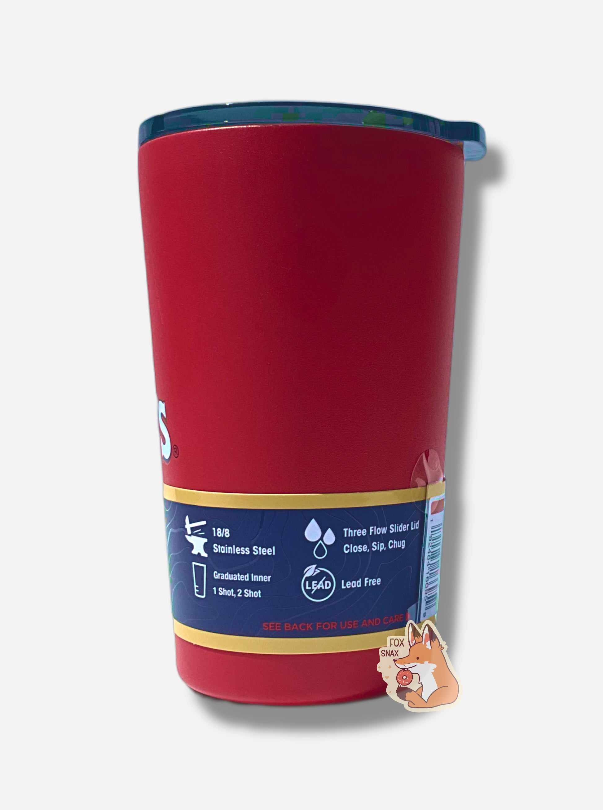 A picture of the back of a small 14oz tumbler.  The surface of the cup is red paint over metal.  The top of the cup features a black plastic lid.  The bottom surface is black plastic, and acts as a nice grippy surface so the cup doesn't slide around.