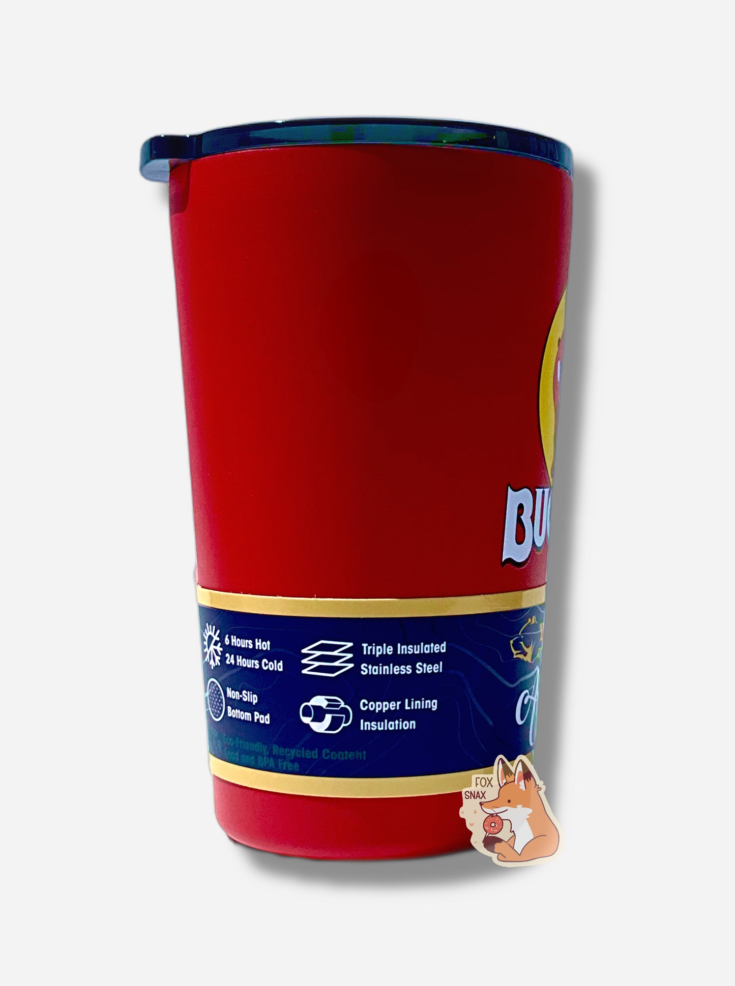 A picture of the side of a small 14oz tumbler.  The surface of the cup is red paint over metal.  The top of the cup features a black plastic lid.  The bottom surface is black plastic, and acts as a nice grippy surface so the cup doesn't slide around.