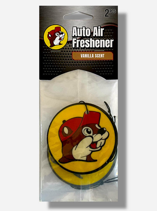 The front of a black/grey package of Buc-ee's Auto Air Freshener, Vanilla Scent, with a picture of Buc-ee The Beaver.  Beneath it is a plastic bag containing two circular Buc-ee's logos, with black thread on each to hold the freshener.  Contains: 2 Circular Air Freshener