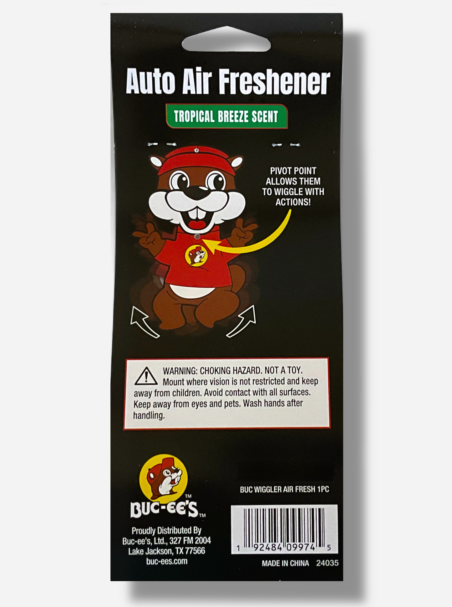 The back of a black package of Buc-ee's Auto Air Freshener, Tropical Breeze Scent, with a picture of Buc-ee The Beaver, with yellow arrows indicating his arms and legs wiggle.  Contains: 1 Air Freshener