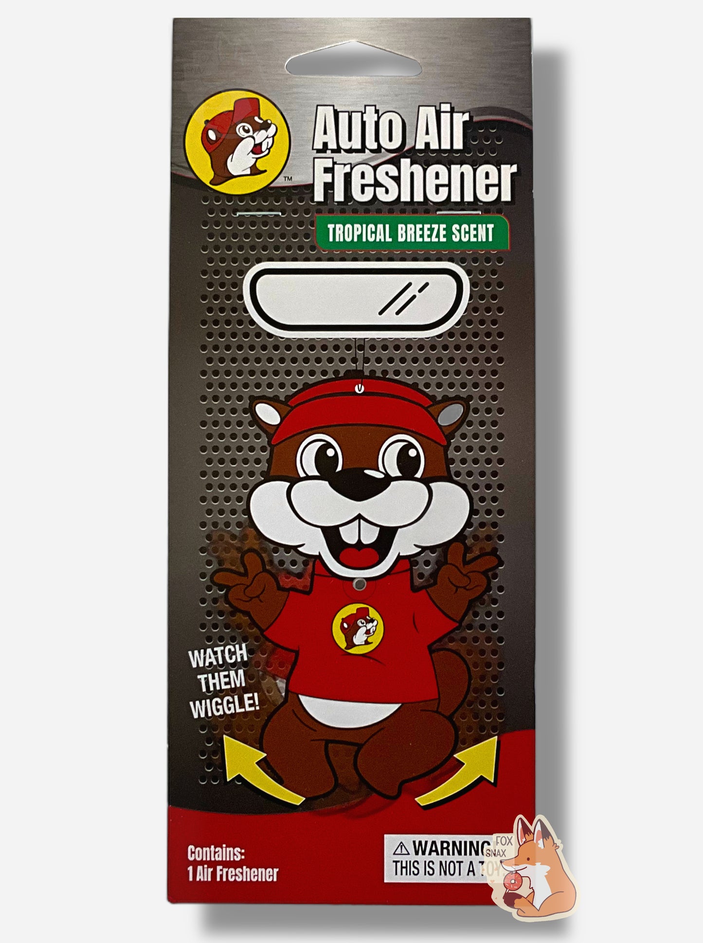The front of a black/grey package of Buc-ee's Auto Air Freshener, Tropical Breeze Scent, with a picture of Buc-ee The Beaver, with yellow arrows indicating his arms and legs wiggle.  Contains: 1 Air Freshener