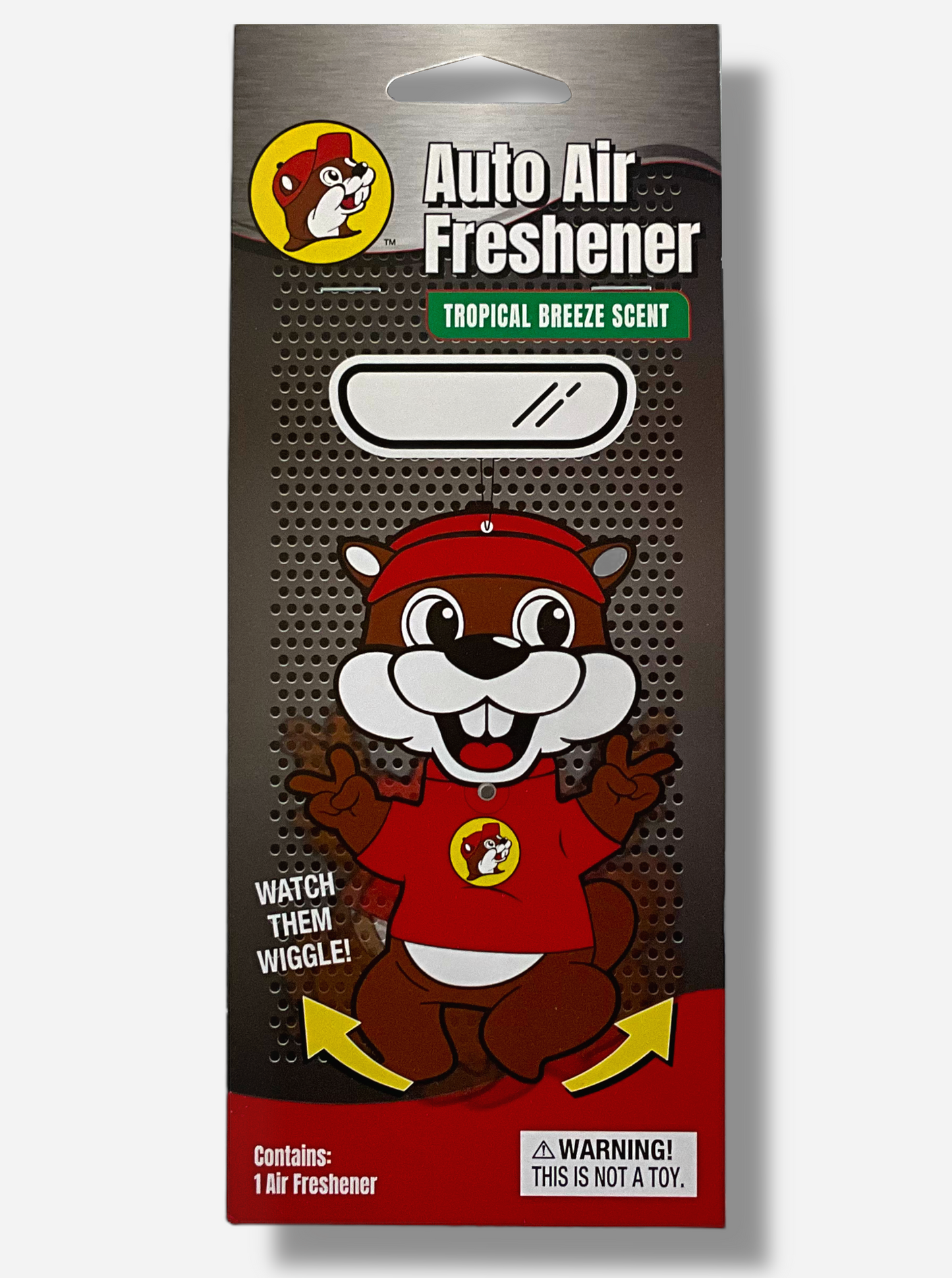 The front of a black/grey package of Buc-ee's Auto Air Freshener, Tropical Breeze Scent, with a picture of Buc-ee The Beaver, with yellow arrows indicating his arms and legs wiggle.  Contains: 1 Air Freshener