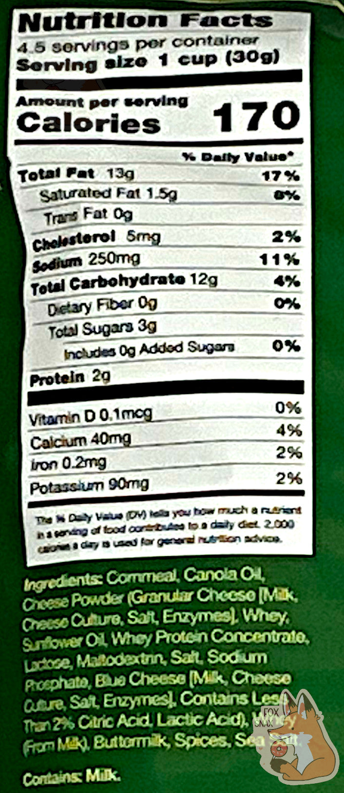 A closeup of a picture of the back of a opaque, dark green and light green bag of Buc-ee's Nug-ees White Cheddar Habanero Nug-ee's.  Nutrition facts, and ingredients can be seen.  