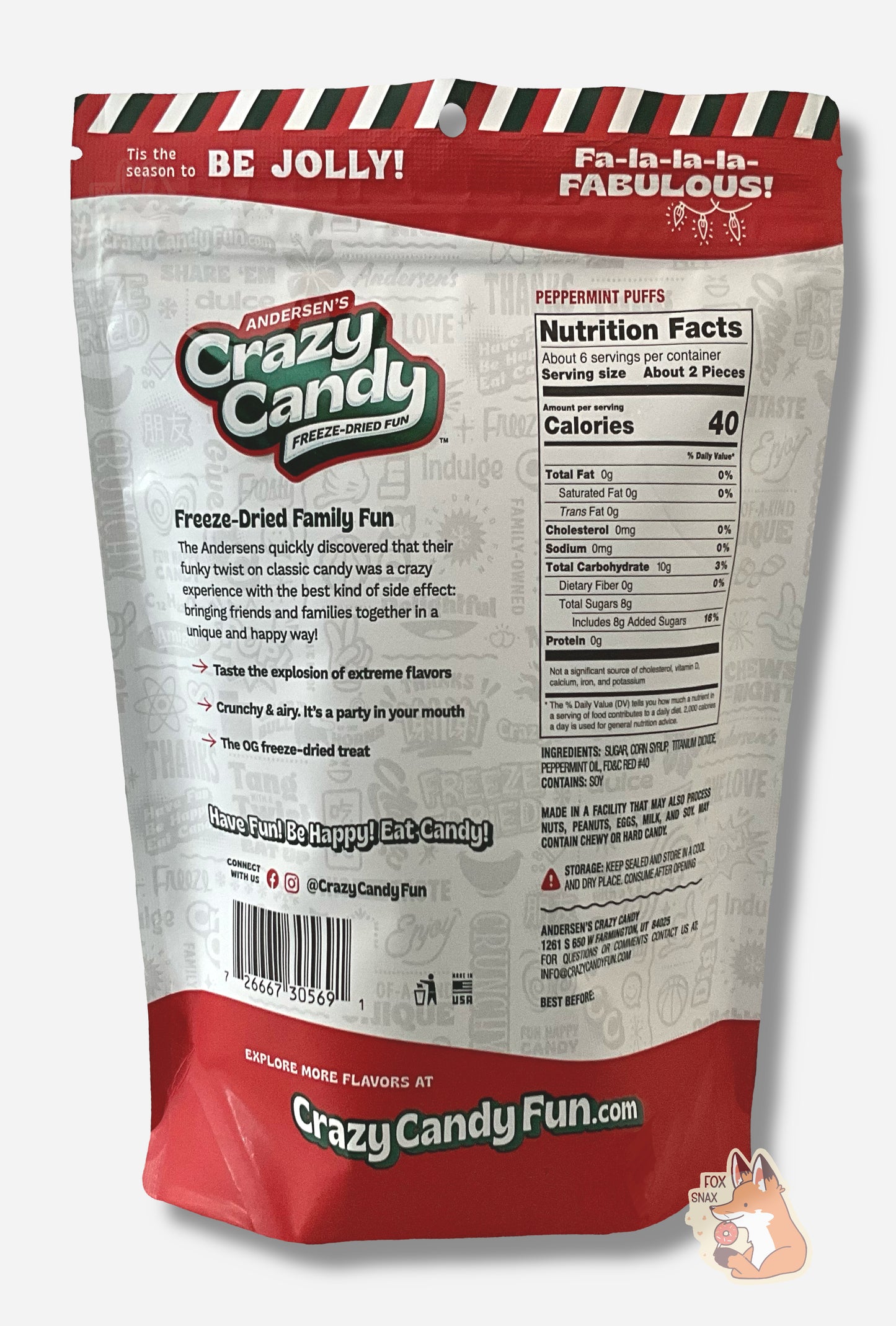 The back of a large bag of Andersen's Crazy Candy Peppermint Puffs. The bag reads: Freeze Dried Family Fun.  The Andersens quickly discovered that their funky twist on classic candy was a crazy experience with the best kind of side effect: bringing friends and families together in a unique and happy way!