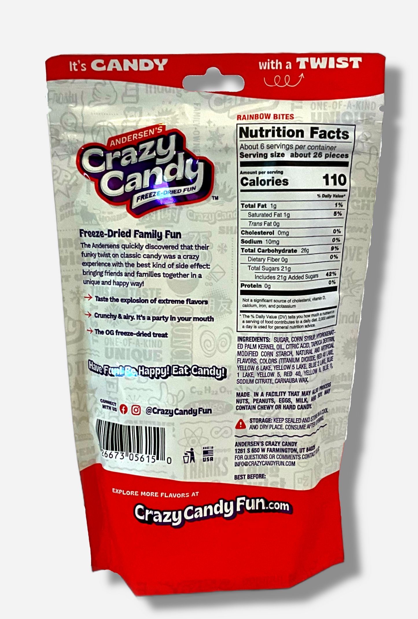 The back of a large bag of Andersen's Crazy Candy Rainbow Bites.  The bag reads: Freeze Dried Family Fun.  The Andersens quickly discovered that their funky twist on classic candy was a crazy experience with the best kind of side effect: bringing friends and families together in a unique and happy way!