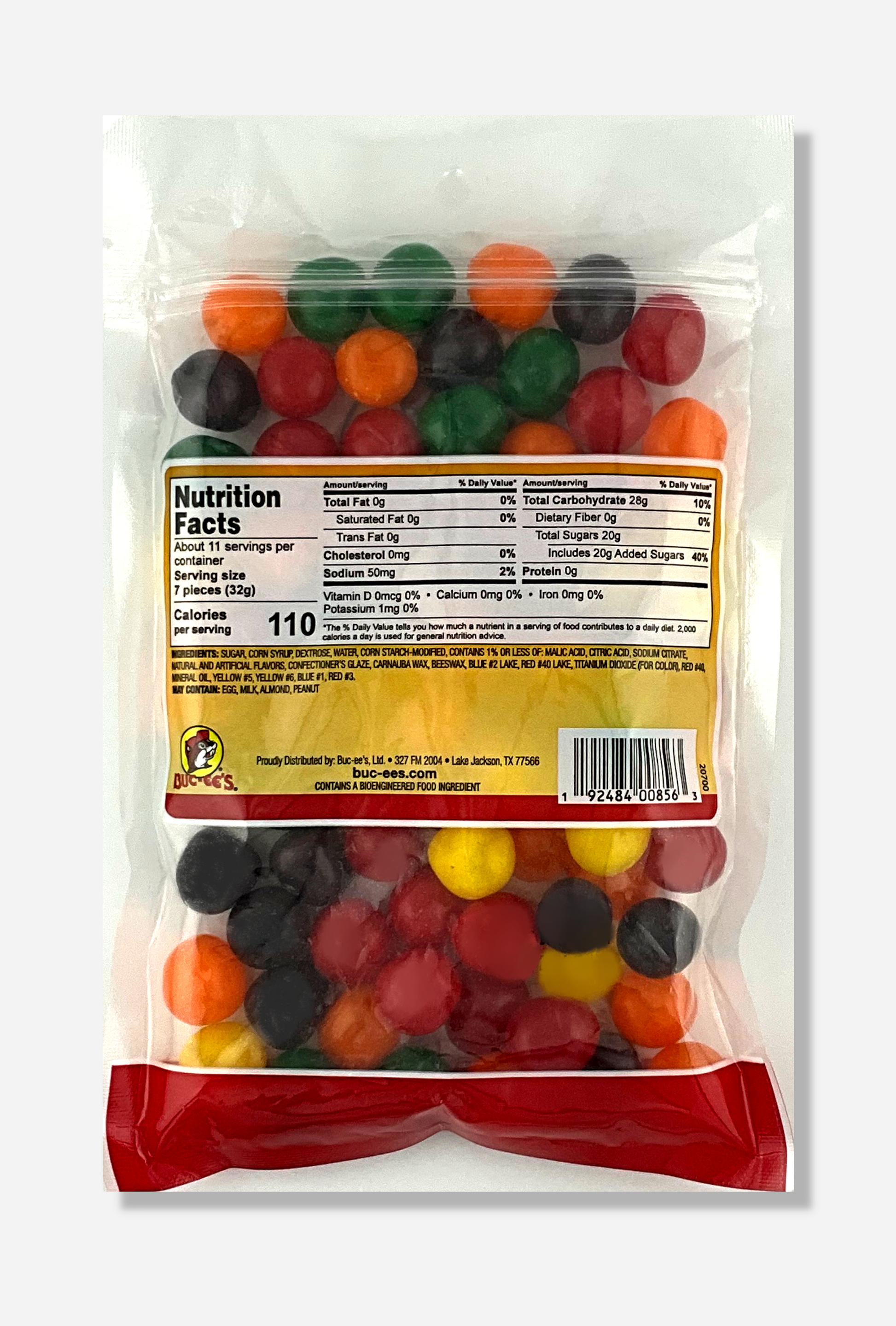 A picture of the back of a resealable bag of Buc-ee's Assorted Sours, which are sour and sweet candies.  