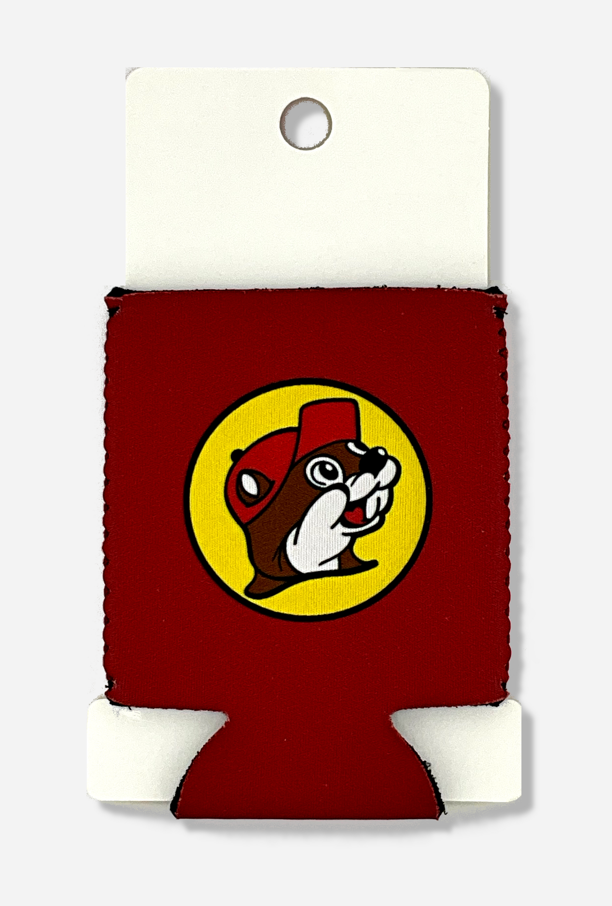 A picture of a foam and cloth red Beverage Insulator, wrapped around a white piece of cardboard.  The back of the red insulator is the same as the front, and has a picture of Buc-ee The Beaver on it, sillhoutted against a yellow circle with a black outline.