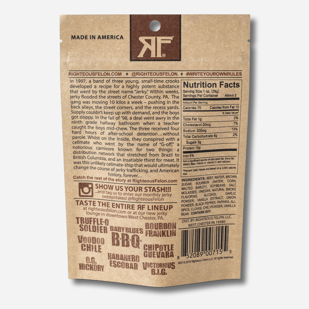 A picture of the back of a kraft paper bag of Righteous Felon Bourbon Franklin Beef Jerky.  The Righteous Felon origin story is on the left, with nutrition facts and ingredients on the right.  Below the story, the bag lists the rest of the Righteous Felon lineup, and the barcode is in the bottom right corner.