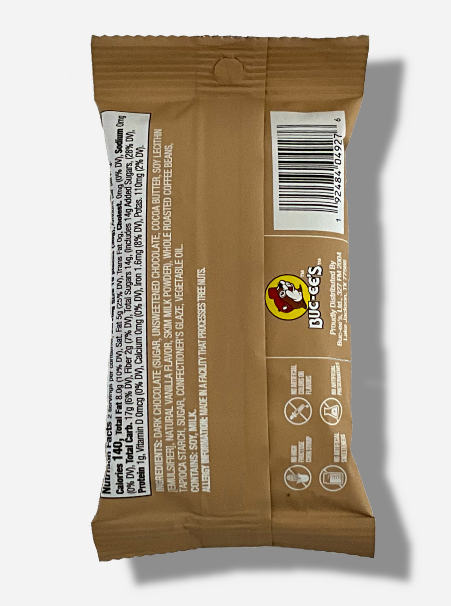 A picture of the back of a small package of Buc-ee's Dark Chocolate Espresso Beans, 2 oz.  The bag is light tan.