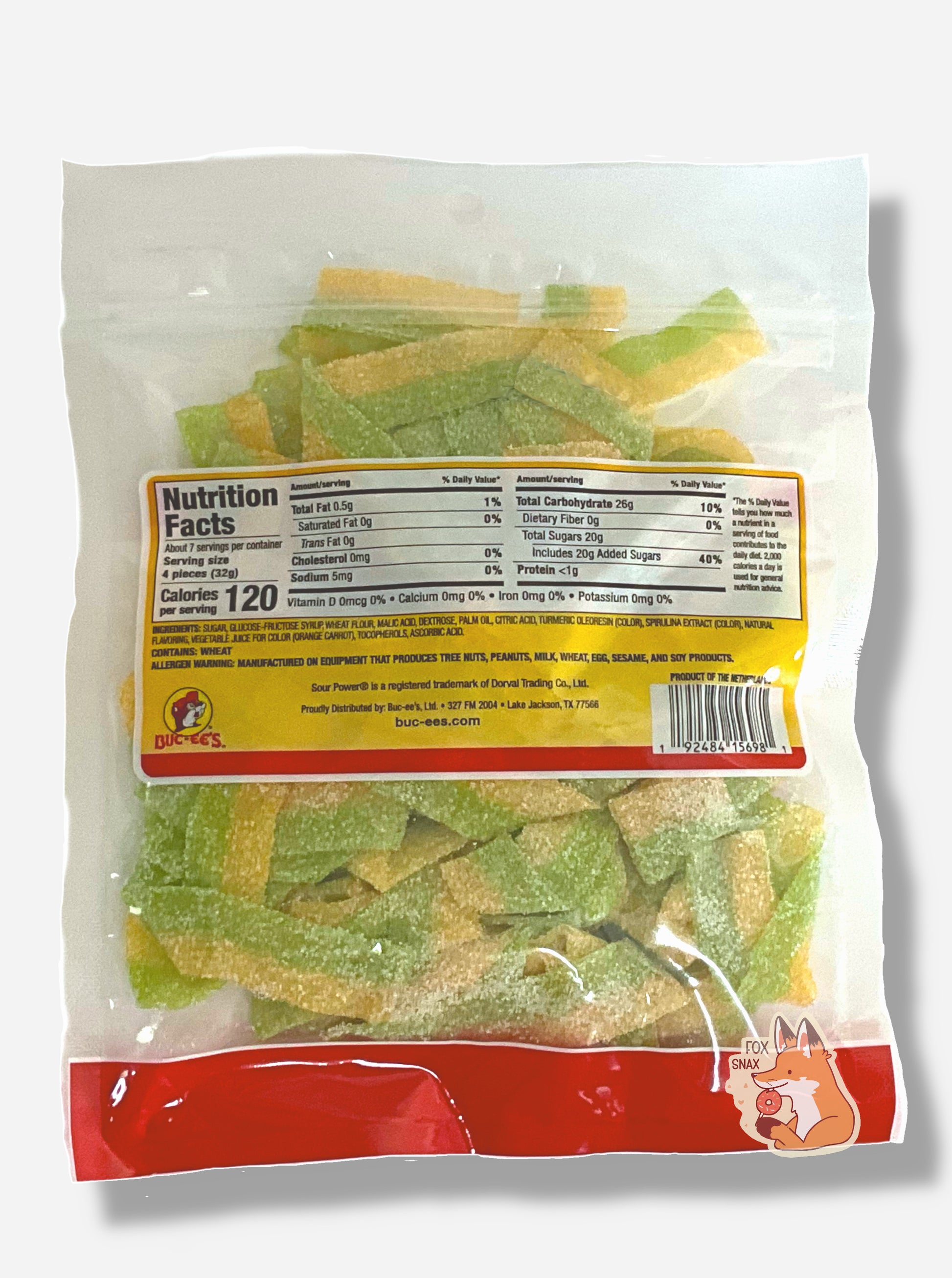 The back of a clear square plastic bag of Buc-ee's Dill Pickle Sour Power Candy Belts.  Inside the bag are a series of rectangular strips of candy, each about an inch and a half long.  The strips are multicolored: green and yellow, and are covered in white sugar.  