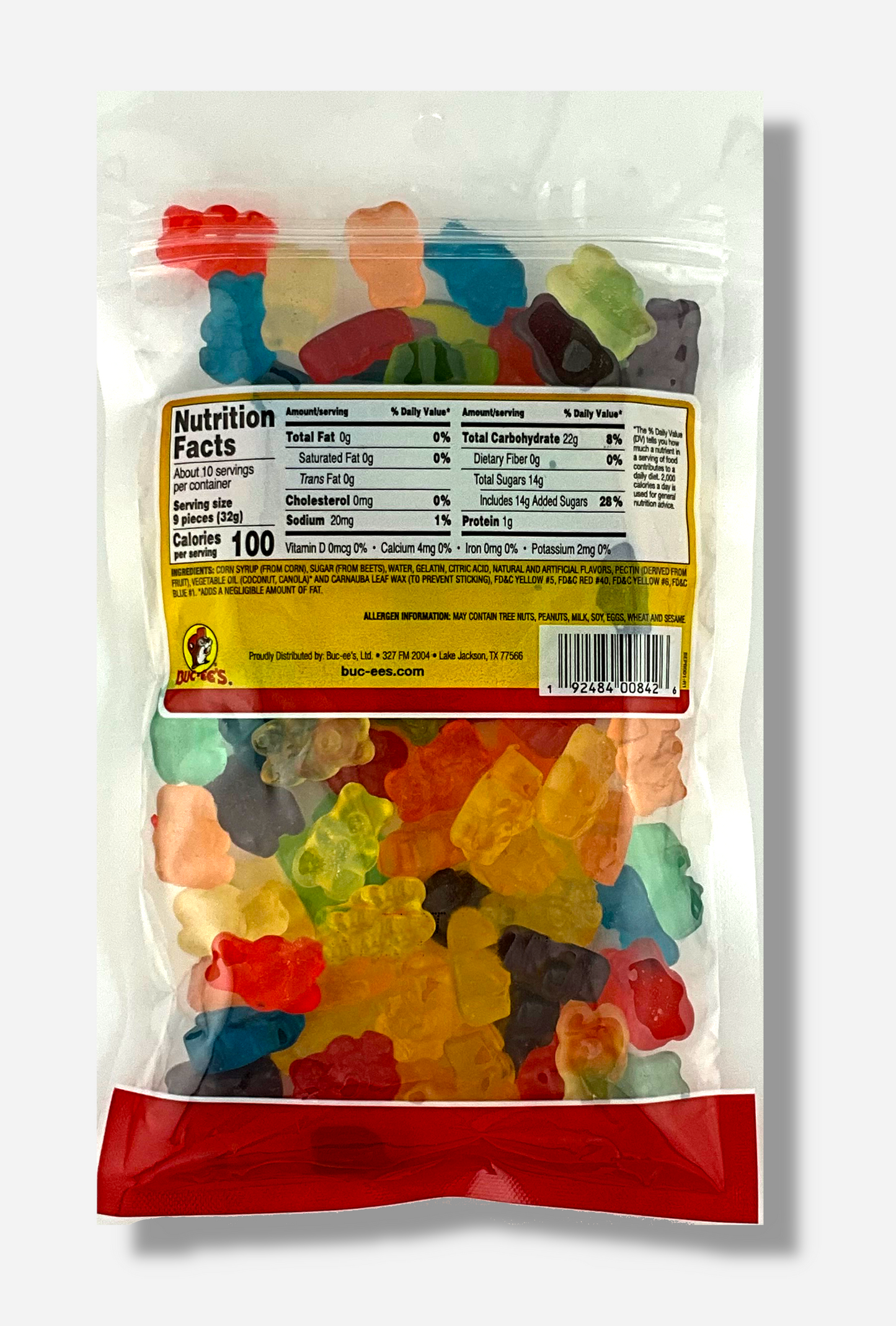 A picture of the back of a resealable bag of Buc-ee's 12 Flavor Gummi Bears, which are squishy gummi bear candies.  