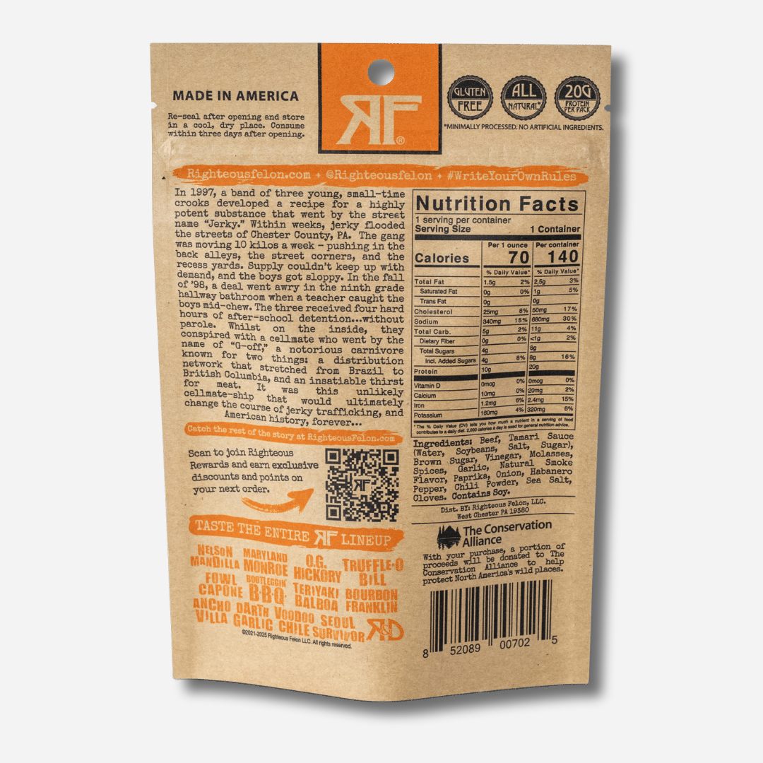 A picture of the back of a kraft paper bag of Righteous Felon Habanero Escobar Beef Jerky.  Gluten Free, All Natural, and 20g Protein per Pack badges are at the top.  The Righteous Felon origin story and a QR code for Righteous Rewards are on the left; nutrition facts and ingredients are on the right, above a note about The Conservation Alliance and the barcode.