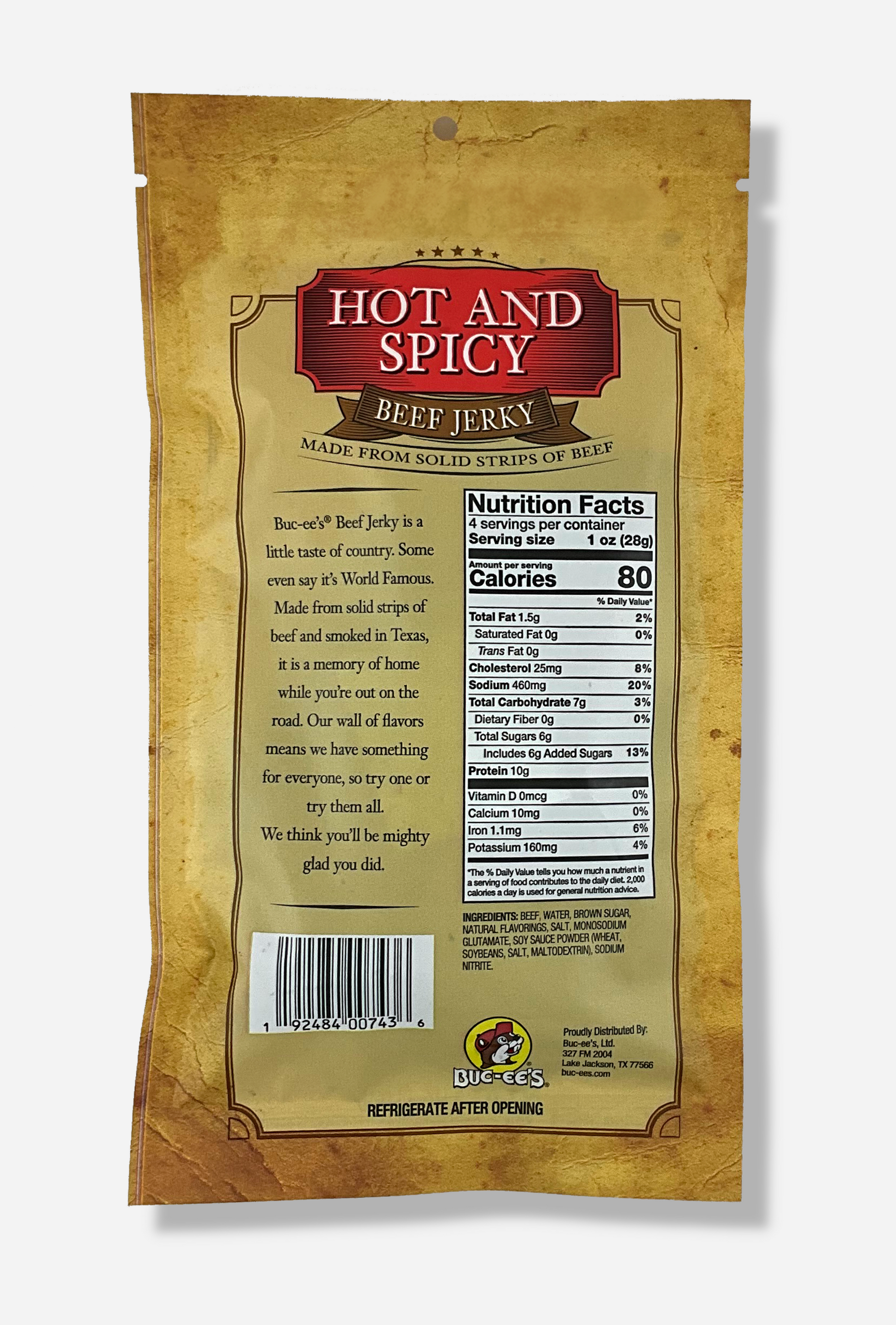 A picture of the back of a tan plastic bag of Buc-ee's Hot And Spicy Beef Jerky.  The label underneath reads 'Buc-ee's Beef Jerky is a little taste of country.  Some even say it's World Famous.  Made from solid strips of beef and smoked in Texas, it is a memory of home while you're out on the road.  Our wall of flavors means we have something for everyone, so try one or try them all.  We think you'll be mighty glad you did.'