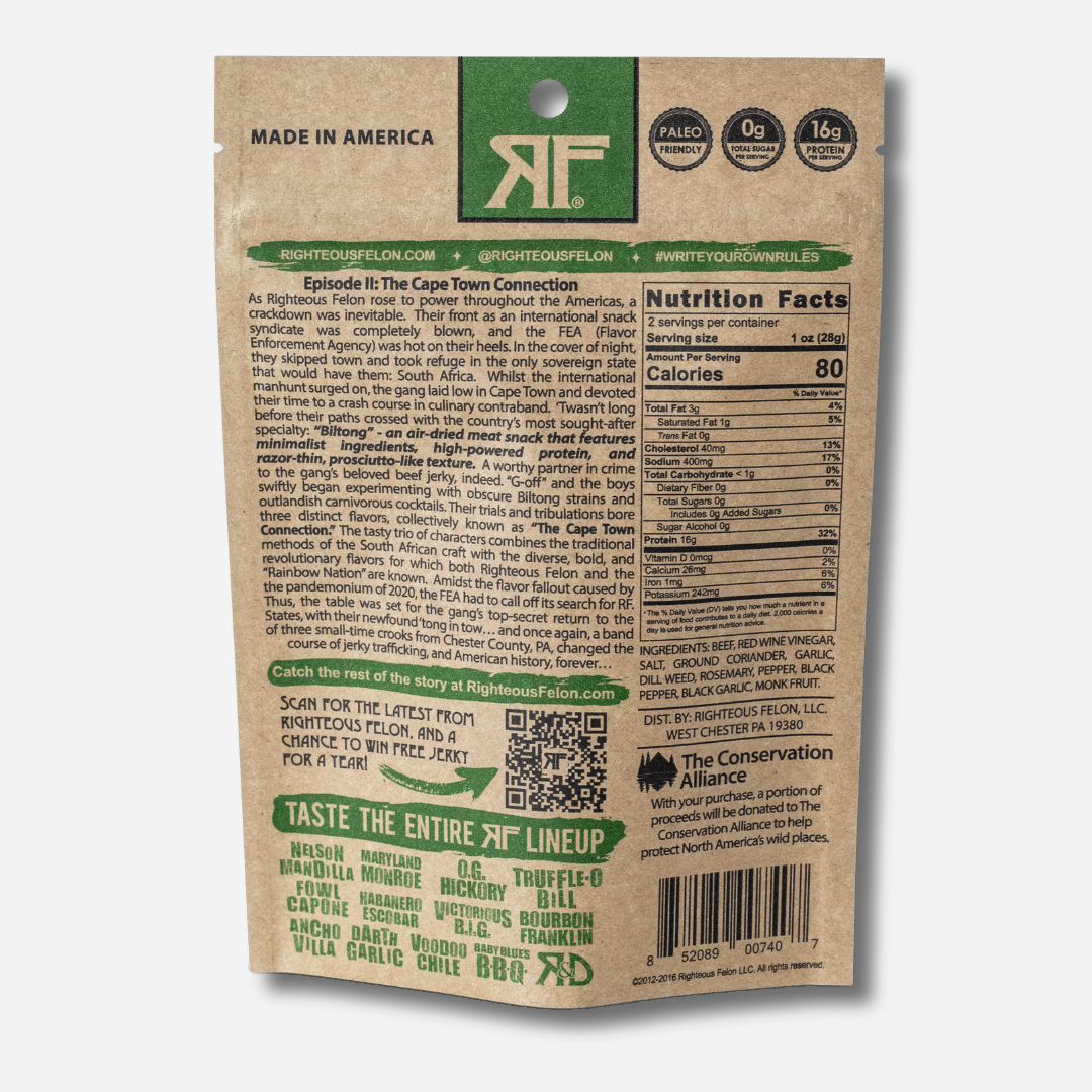 A picture of the back of a kraft paper bag of Righteous Felon Nelson ManDilla Biltong.  Paleo Friendly, 0g Total Sugar, and 16g Protein per Serving badges are at the top.  "Episode II: The Cape Town Connection" story and a QR code are on the left; nutrition facts and ingredients are on the right, above a note about The Conservation Alliance and the barcode.