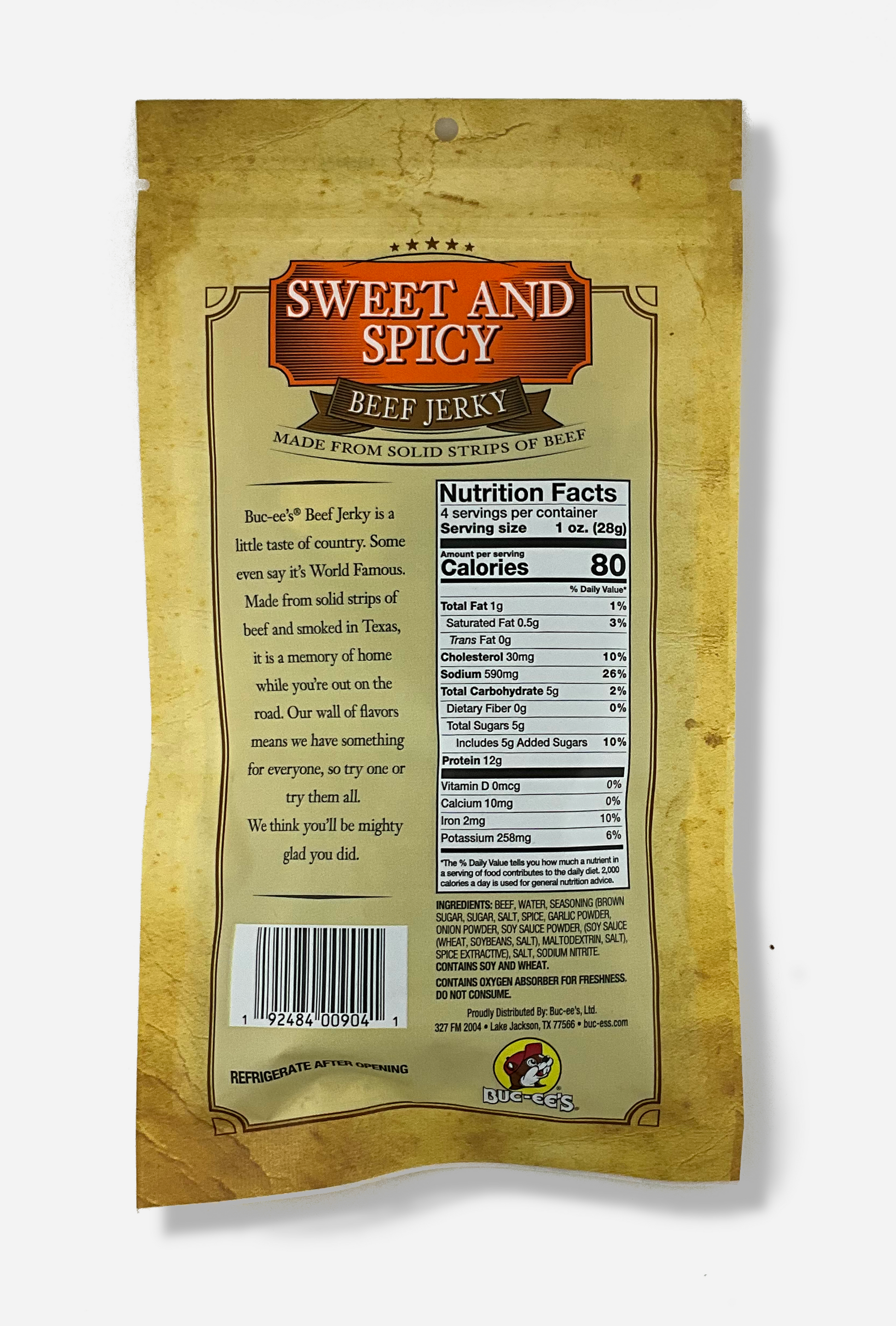 A picture of the back of a tan plastic bag of Buc-ee's Sweet And Spicy Beef Jerky.  The label underneath reads 'Buc-ee's Beef Jerky is a little taste of country.  Some even say it's World Famous.  Made from solid strips of beef and smoked in Texas, it is a memory of home while you're out on the road.  Our wall of flavors means we have something for everyone, so try one or try them all.  We think you'll be mighty glad you did.'