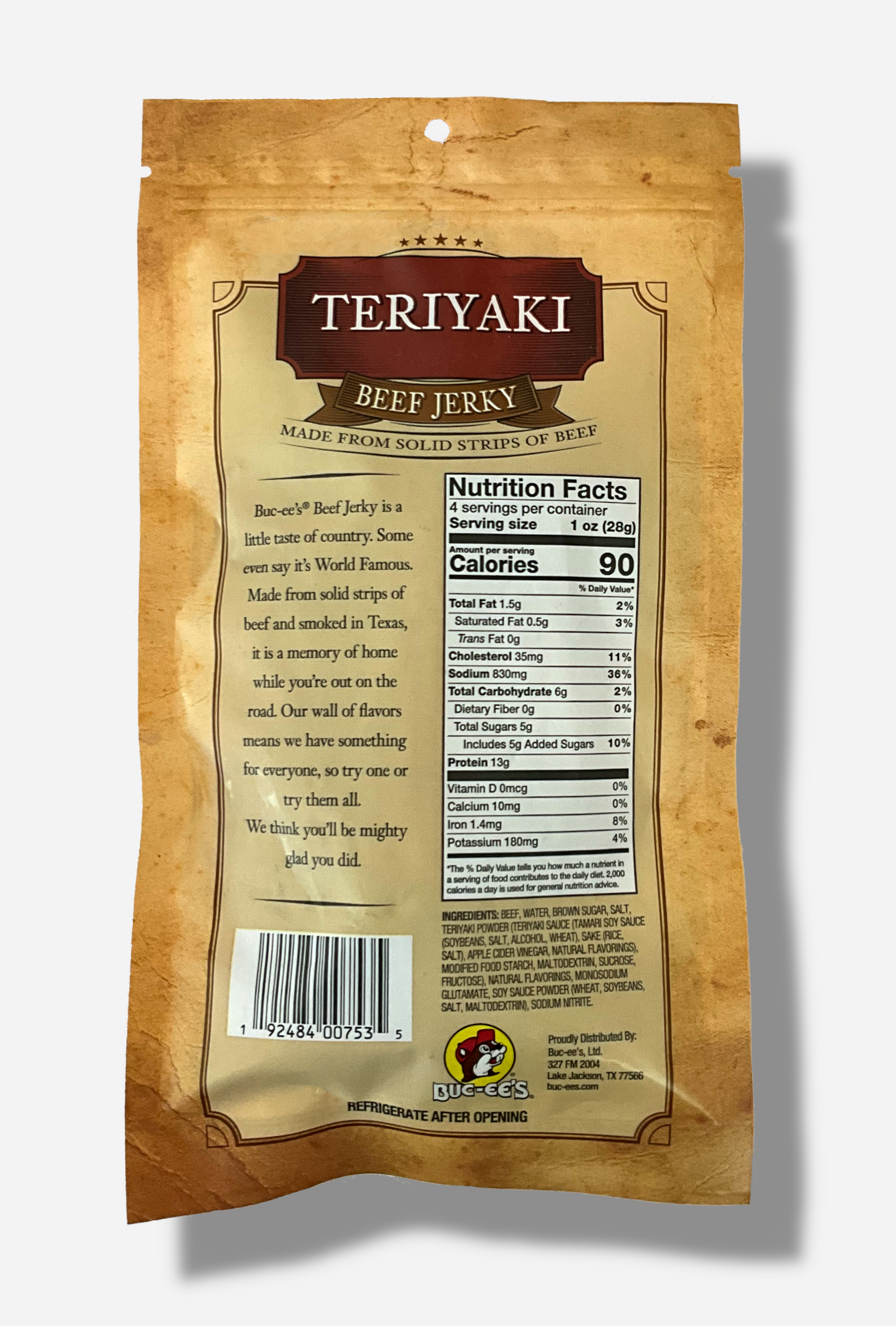 A picture of the back of a tan plastic bag of Buc-ee's Teriyaki Beef Jerky.  The label underneath reads 'Buc-ee's Beef Jerky is a little taste of country.  Some even say it's World Famous.  Made from solid strips of beef and smoked in Texas, it is a memory of home while you're out on the road.  Our wall of flavors means we have something for everyone, so try one or try them all.  We think you'll be mighty glad you did.'