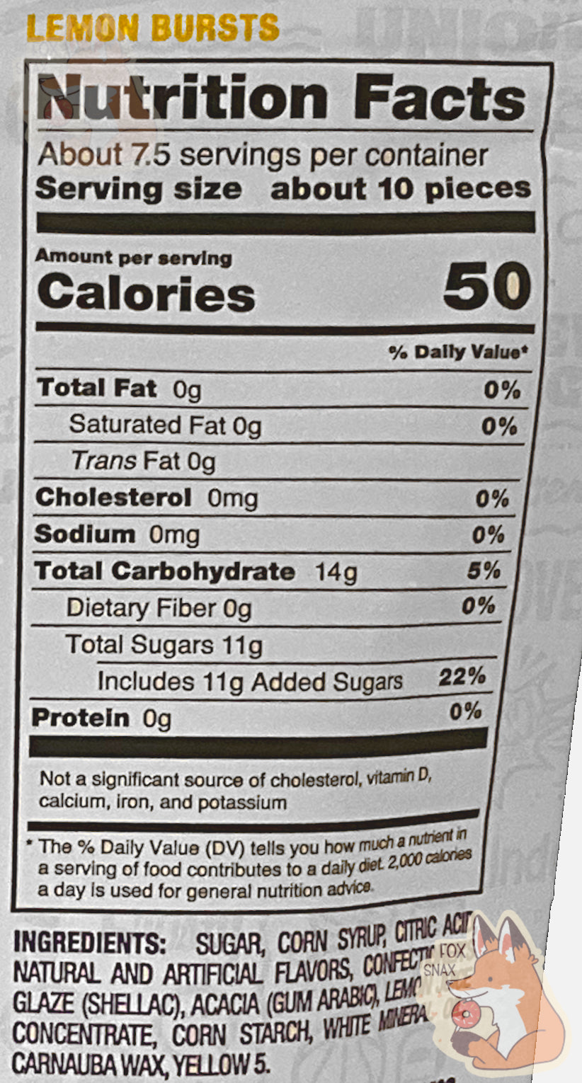 A closeup of the  back of a large bag of Andersen's Crazy Candy Lemon Bursts.  Nutrition facts, then ingredients, can be seen.