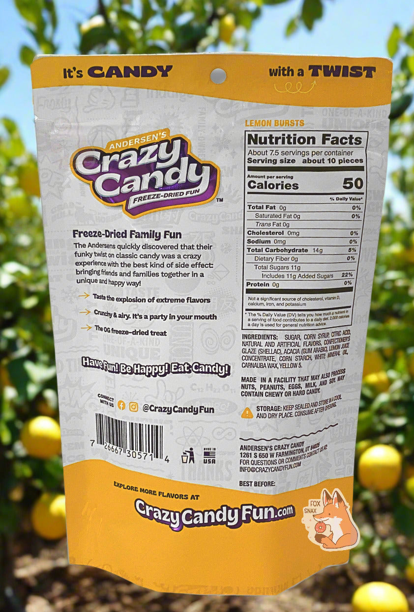 The back of a large bag of Andersen's Crazy Candy Lemon Bursts.  The bag reads: Freeze Dried Family Fun.  The Andersens quickly discovered that their funky twist on classic candy was a crazy experience with the best kind of side effect: bringing friends and families together in a unique and happy way!  Behind the bag is a lemon tree grove; large yellow lemons can be seen in the background next to the tree's green leaves; a blue sky can be seen behind the trees.
