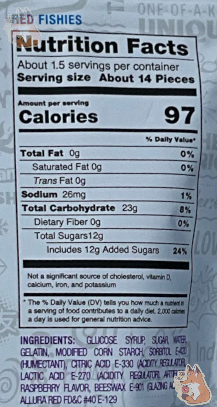 Closeup of the back of a large bag of Andersen's Crazy Candy Red Fishies. Nutrition facts and ingredients can be seen.