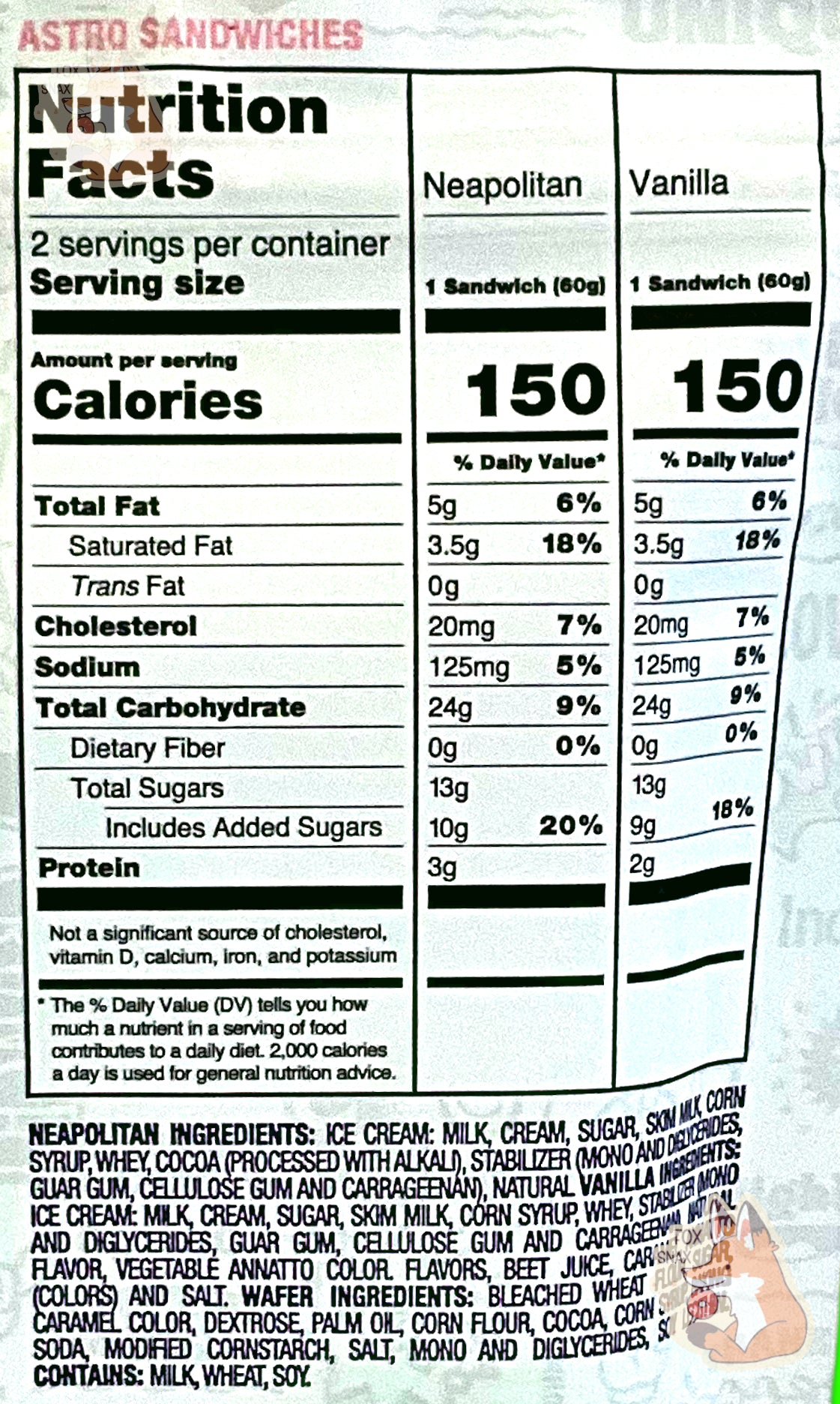 A closeup of the back of a large bag of Andersen's Astro Sandwiches.  Nutrition facts, and ingredients can be seen.