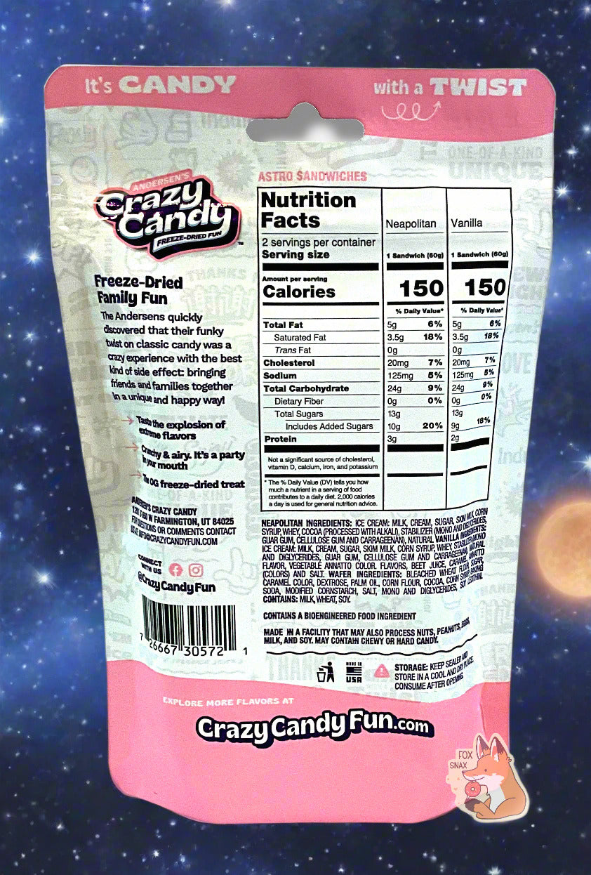 The back of a large bag of Andersen's Astro Sandwiches.  The back reads: Freeze Dried Family Fun.  The Andersens quickly discovered that their funky twist on classic candy was a crazy experience with the best kind of side effect: bringing friends and families together in a unique and happy way!   The background shows a beautiful sky of white stars.  A large orange sun can be seen in the bottom right of the screen.
