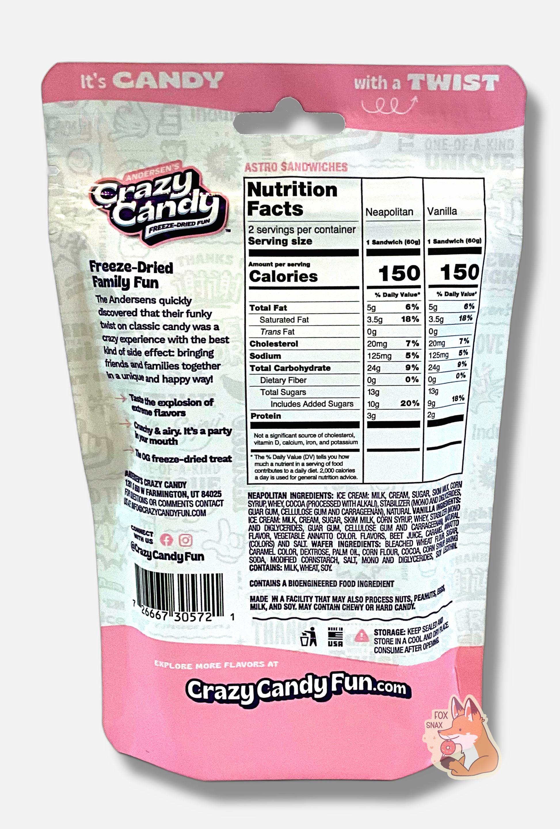 The back of a large bag of Andersen's Astro Sandwiches.  The back reads: Freeze Dried Family Fun.  The Andersens quickly discovered that their funky twist on classic candy was a crazy experience with the best kind of side effect: bringing friends and families together in a unique and happy way! 