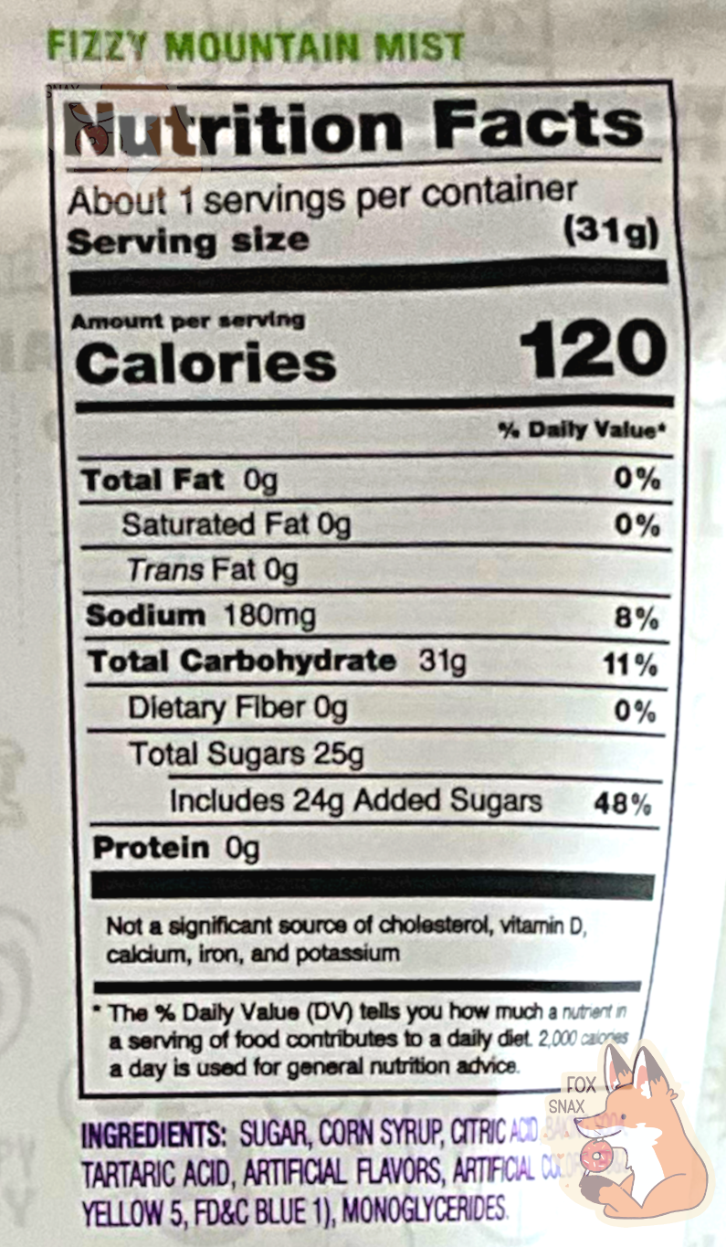 A closeup of the back of a large bag of Andersen's Crazy Candy Fizzy Mountain Mist.  Nutrition facts, and ingredients can be seen.