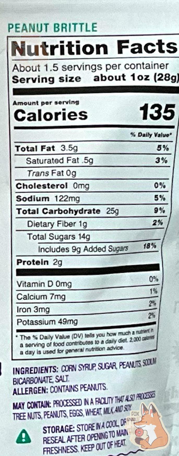 A closeup of the back of a large bag of Andersen's Crazy Candy Peanut Brittle. Nutrition facts, and ingredients are listed.