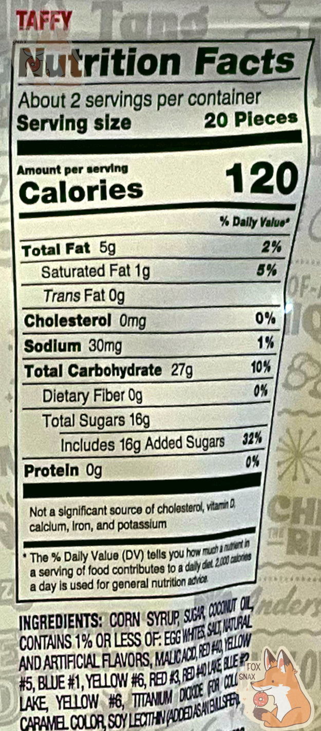 A closeup of the back of a large bag of Andersen's Crazy Candy Taffy.  Nutrition facts and ingredients are listed.