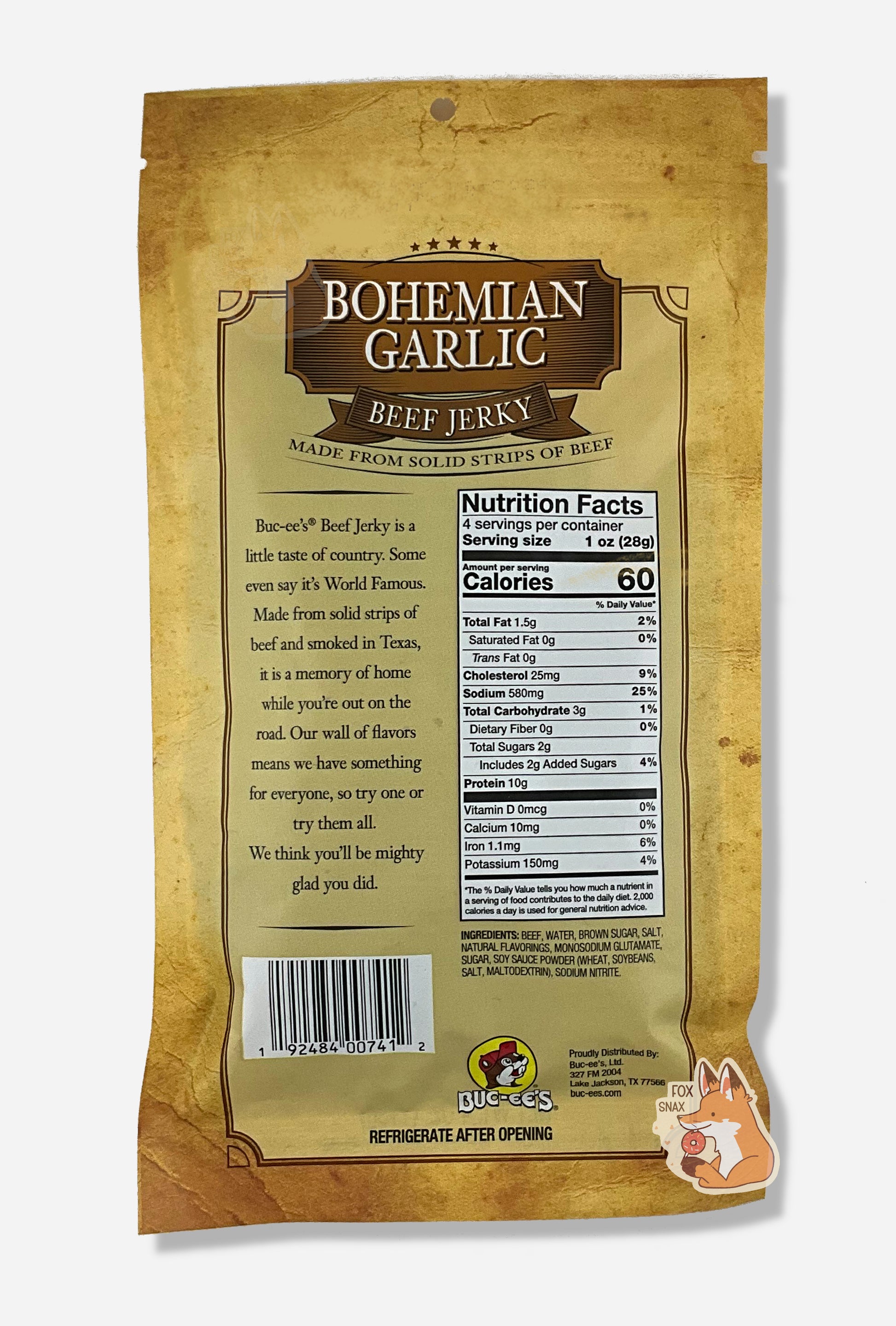 A picture of the back of a tan plastic bag of Buc-ee's Bohemian Garlic Beef Jerky.  The label underneath reads 'Buc-ee's Beef Jerky is a little taste of country.  Some even say it's World Famous.  Made from solid strips of beef and smoked in Texas, it is a memory of home while you're out on the road.  Our wall of flavors means we have something for everyone, so try one or try them all.  We think you'll be mighty glad you did.'