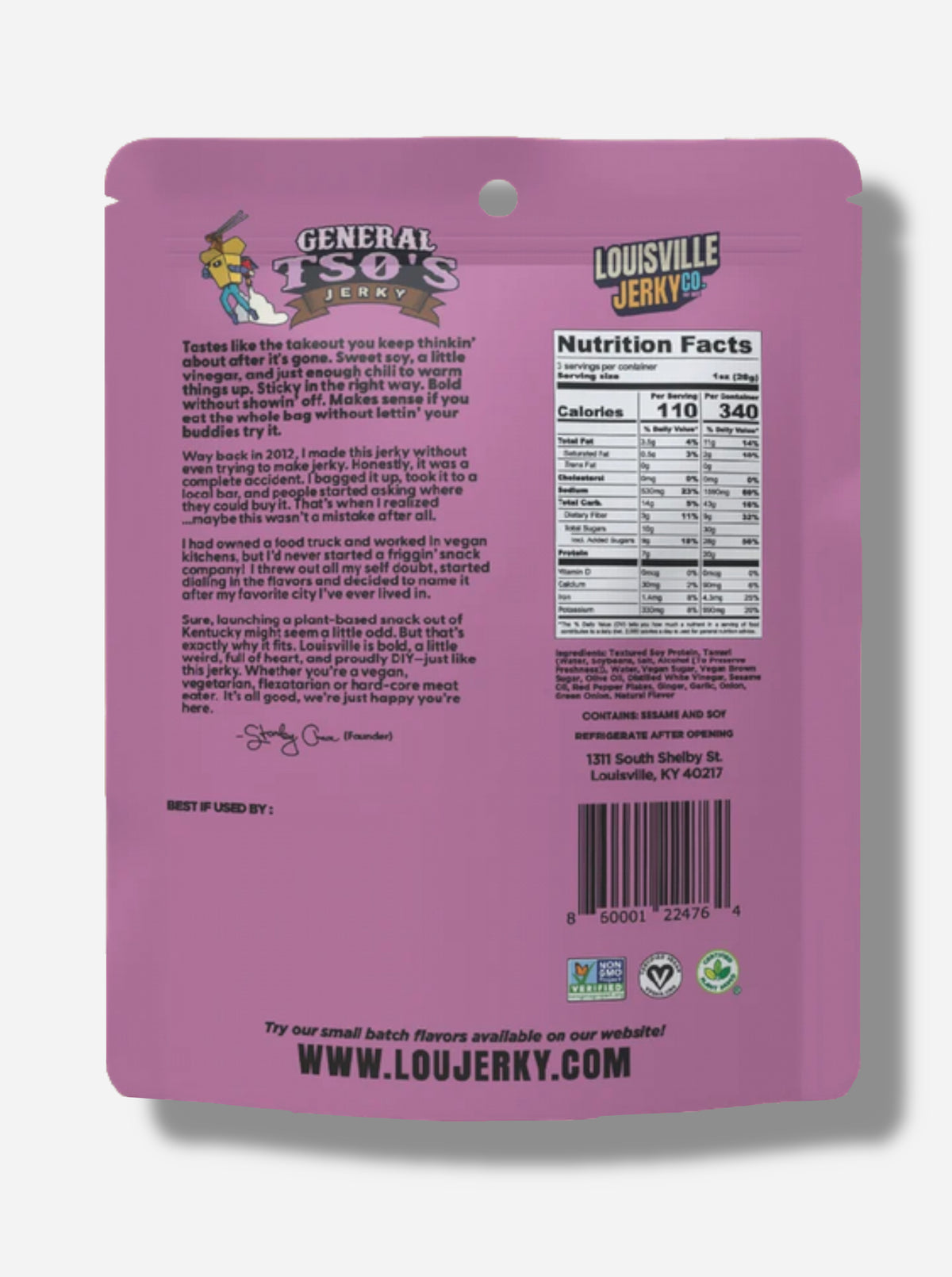 A picture of the back of a purple bag of Louisville Jerky Co. General Tso's Jerky.  
Ingredients, then nutrition facts are listed.  At the bottom are three logos - Non GMO Project Certified, Certified Vegan, Certified Plant Based.