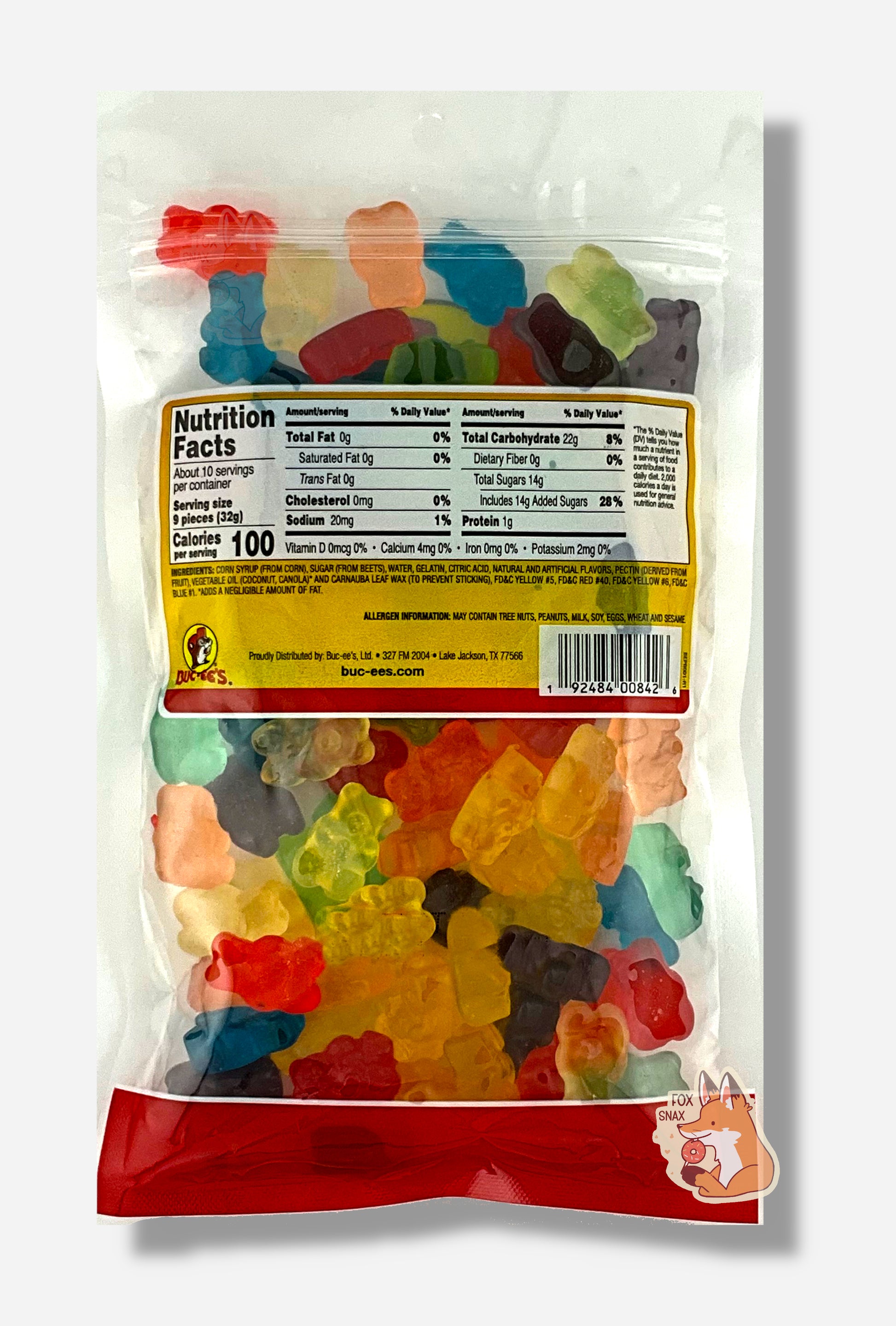 A picture of the back of a resealable bag of Buc-ee's 12 Flavor Gummi Bears, which are squishy gummi bear candies.  