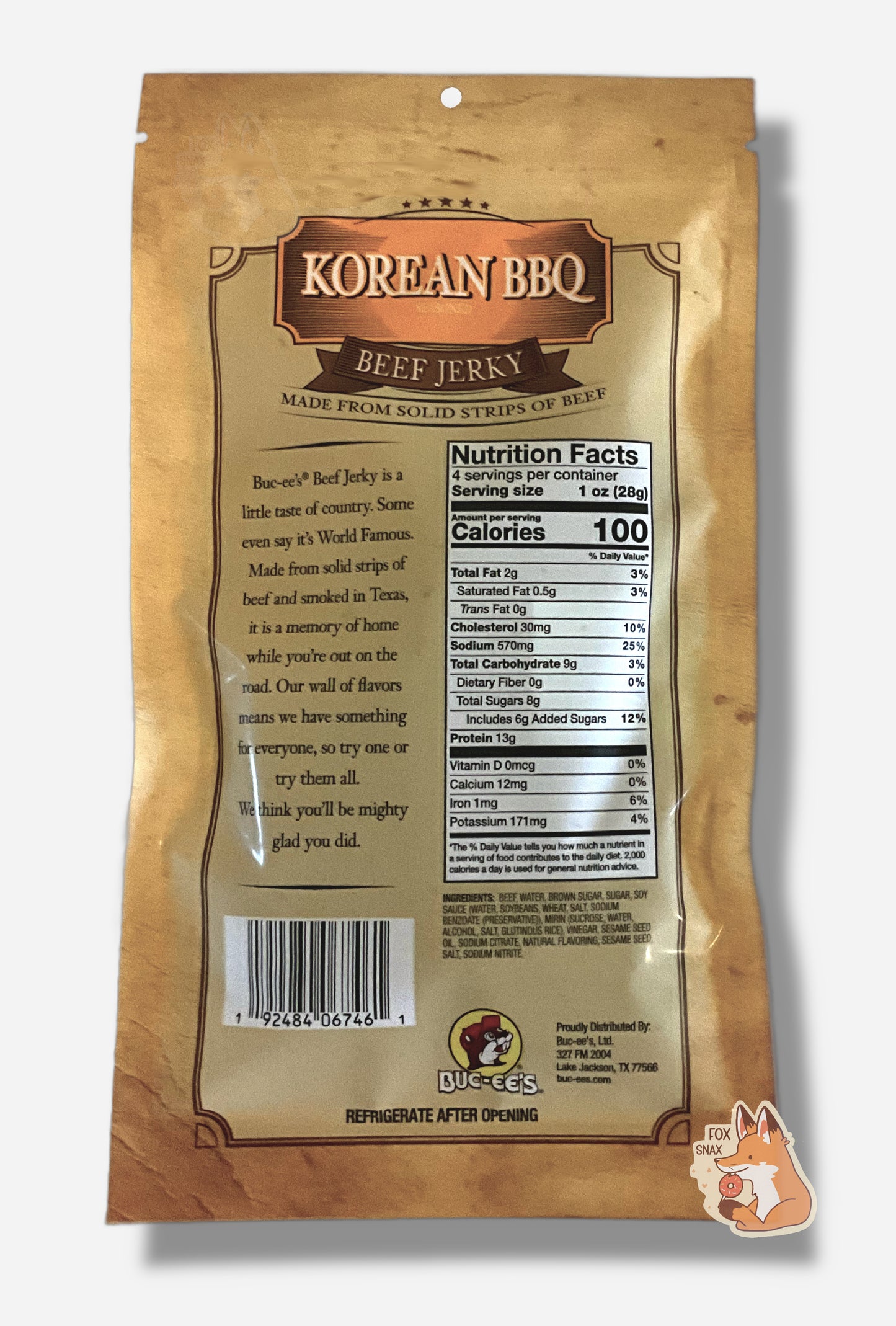 A picture of the back of a tan plastic bag of Buc-ee's Korean BBQ Beef Jerky.  The label underneath reads 'Buc-ee's Beef Jerky is a little taste of country.  Some even say it's World Famous.  Made from solid strips of beef and smoked in Texas, it is a memory of home while you're out on the road.  Our wall of flavors means we have something for everyone, so try one or try them all.  We think you'll be mighty glad you did.'