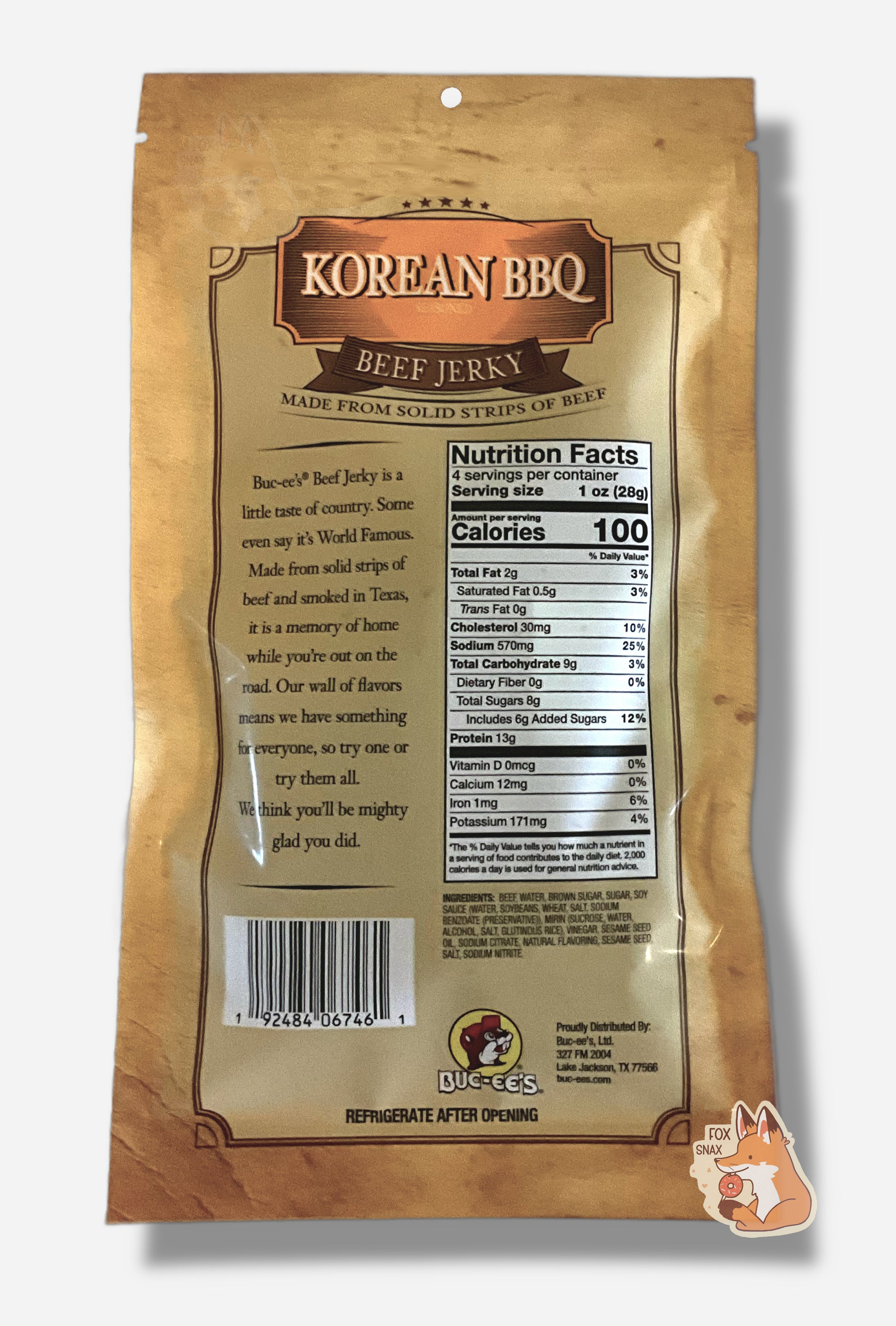 A picture of the back of a tan plastic bag of Buc-ee's Korean BBQ Beef Jerky.  The label underneath reads 'Buc-ee's Beef Jerky is a little taste of country.  Some even say it's World Famous.  Made from solid strips of beef and smoked in Texas, it is a memory of home while you're out on the road.  Our wall of flavors means we have something for everyone, so try one or try them all.  We think you'll be mighty glad you did.'