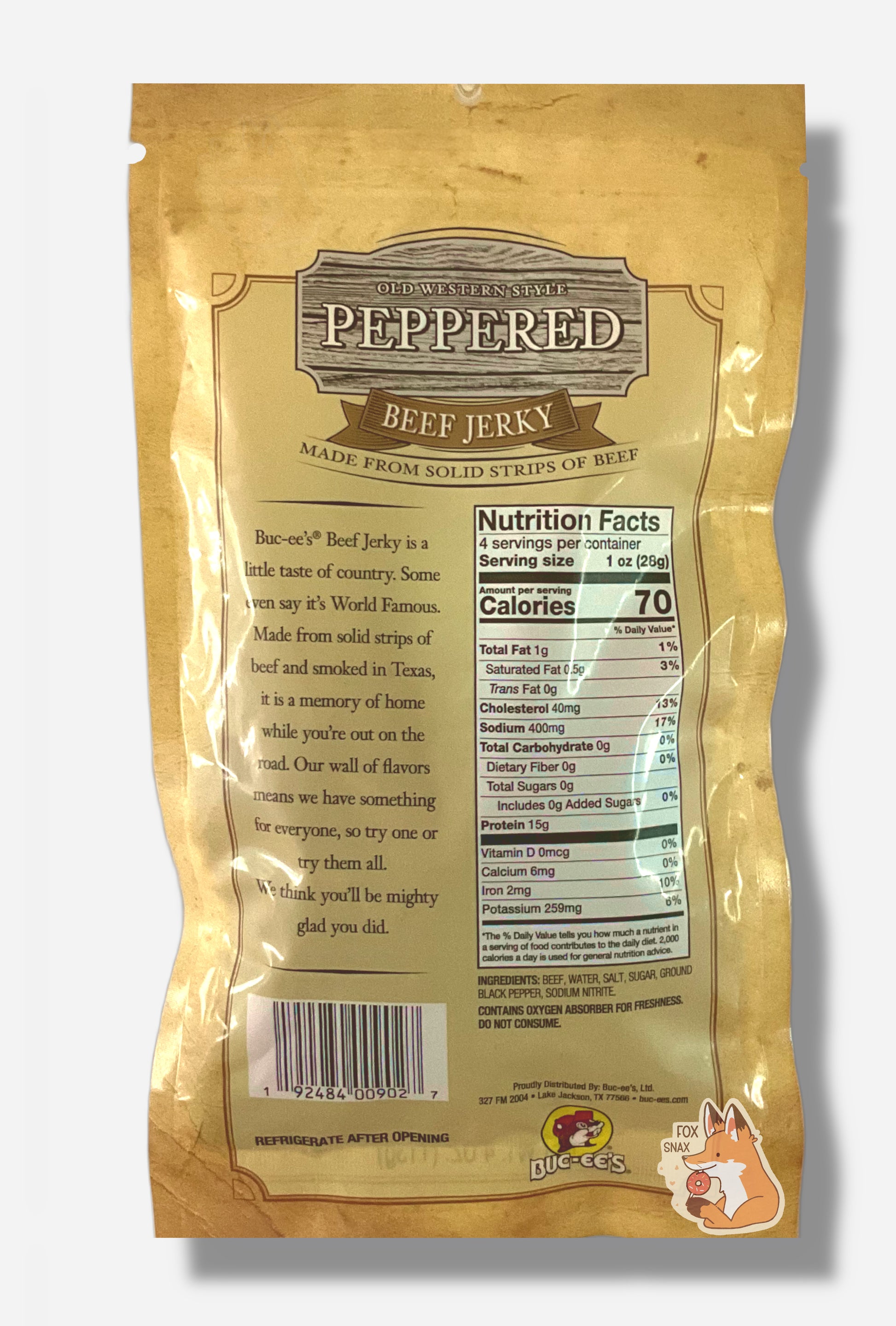 A picture of the front of a tan plastic bag of Buc-ee's Old Western Style Peppered Jerky.  The logo is in brown with white text.The label underneath reads 'Made From Solid Strips Of Beef'. Nutrition facts and ingredients are shown.