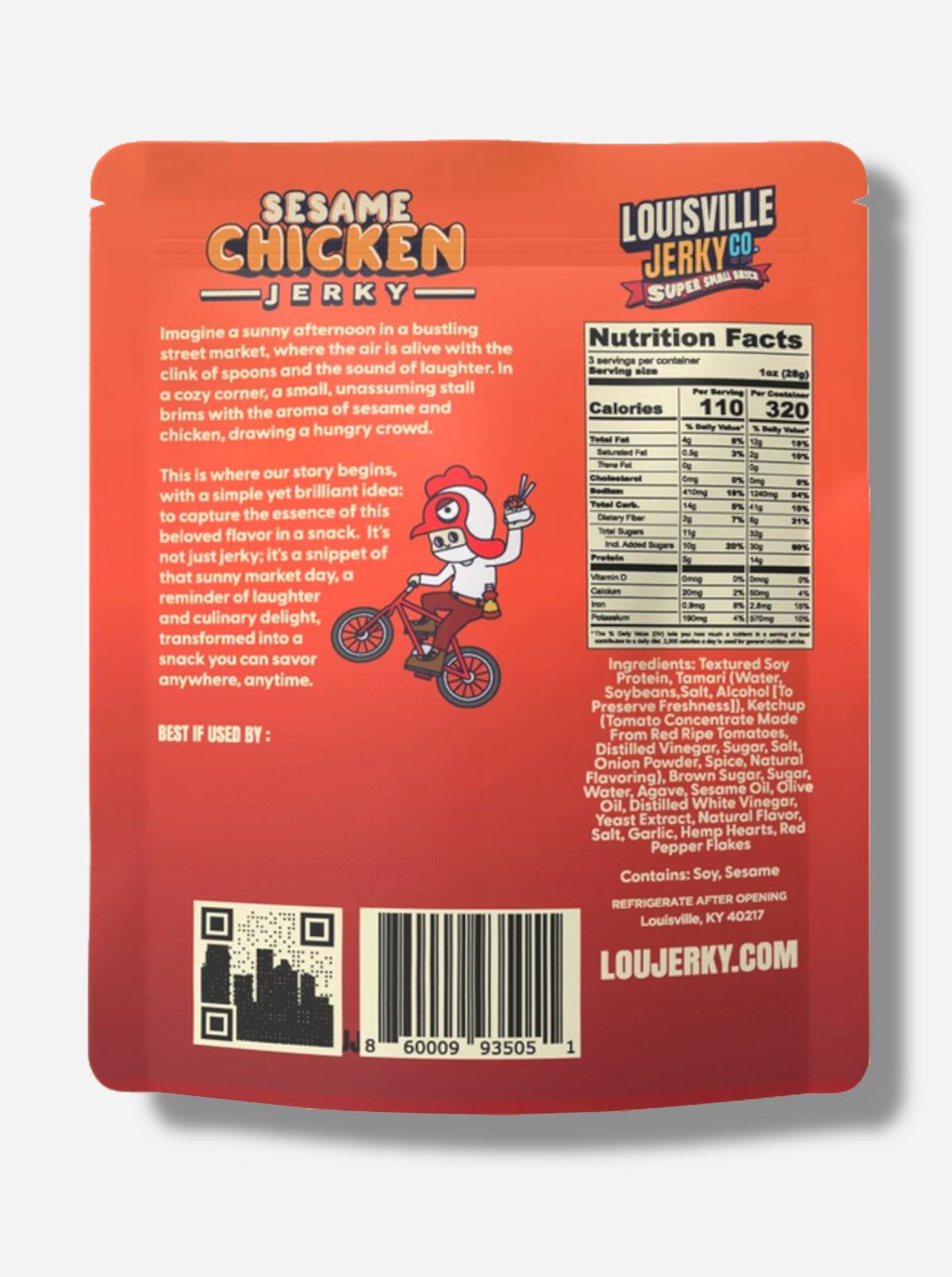 A picture of the back of an organge bag of Louisville Jerky Co. Sesame Jerky.  
Ingredients, then nutrition facts are listed.  
