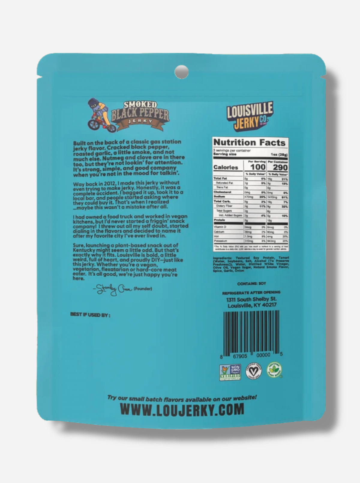 A picture of the back of an organge bag of Louisville Jerky Co. Smoked Black Pepper Jerky.  Ingredients, then nutrition facts are listed.  At the bottom are three logos - Non GMO Project Certified, Certified Vegan, Certified Plant Based.