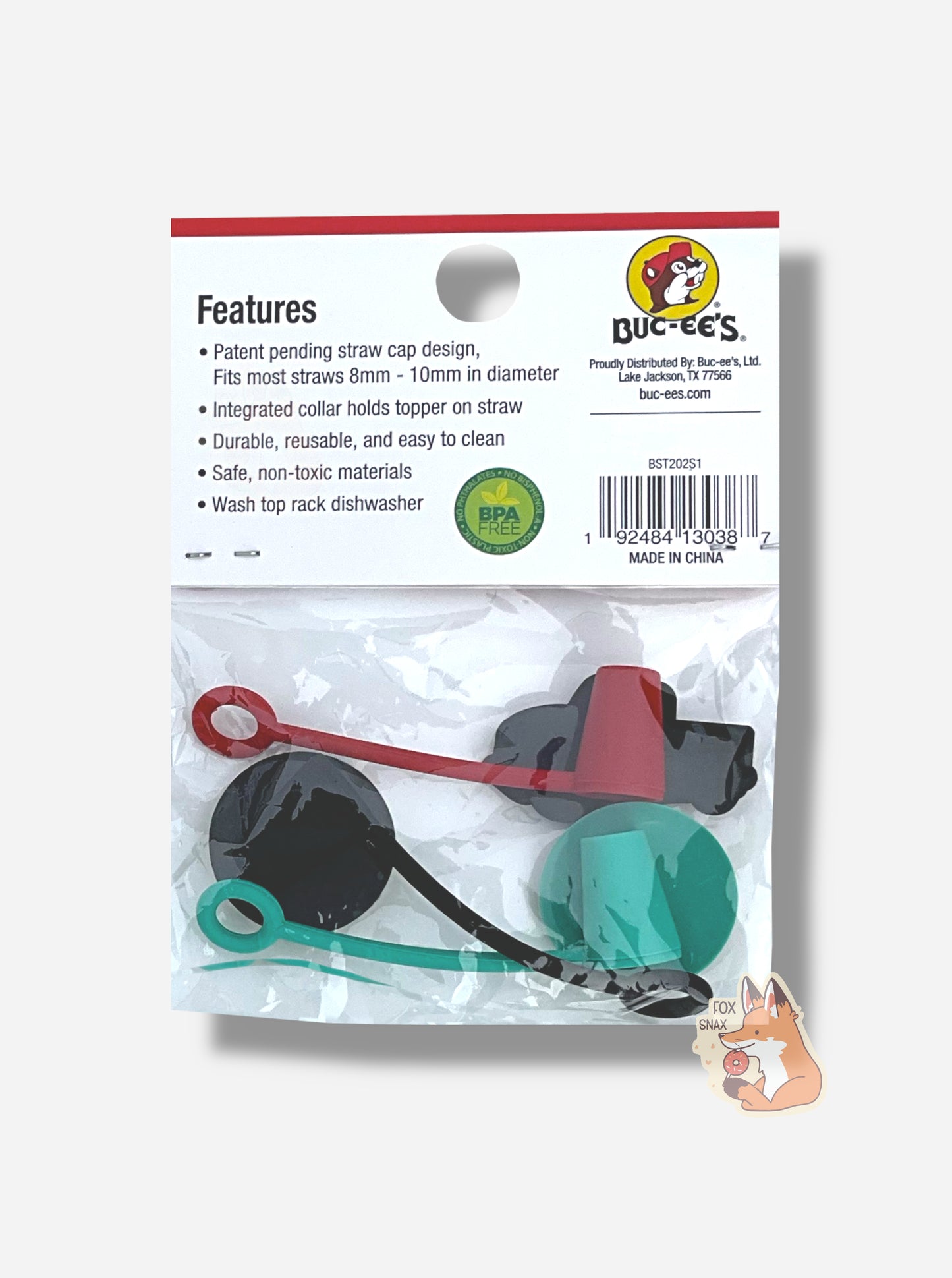 A picture of the back of a small plastic bag.  The bag reads "Features", then "Patent pending straw cap design, Fits most straws 8mm-10mm in diameter", then "Integrated collar holds topper on straw", then "Durable, reusable, and easy to clean", then "Safe non-toxic materials", then "Wash top rack dishwasher".  A small BPA free logo in green can also be seen.