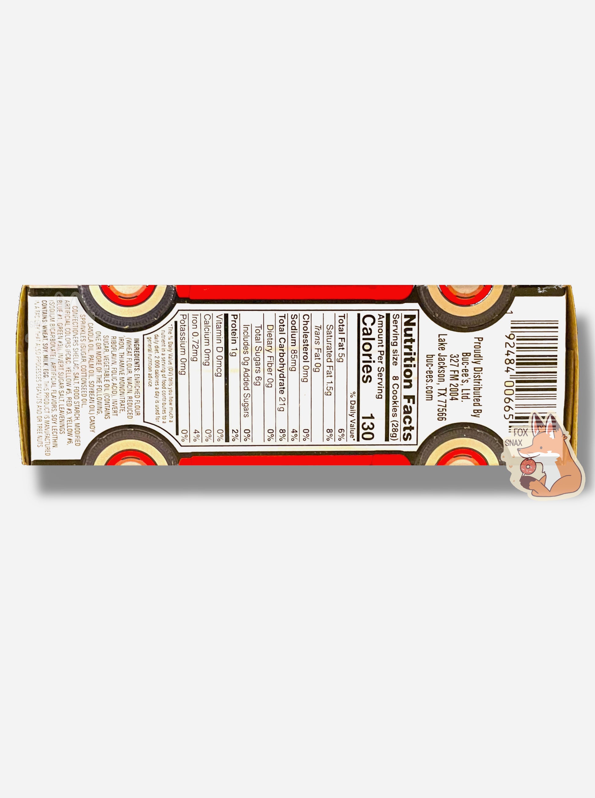 The bottom of a small rectangular cardboard package of Buc-ee's Beaver Buddies Animal Cookies.  The bottom shows four tires.