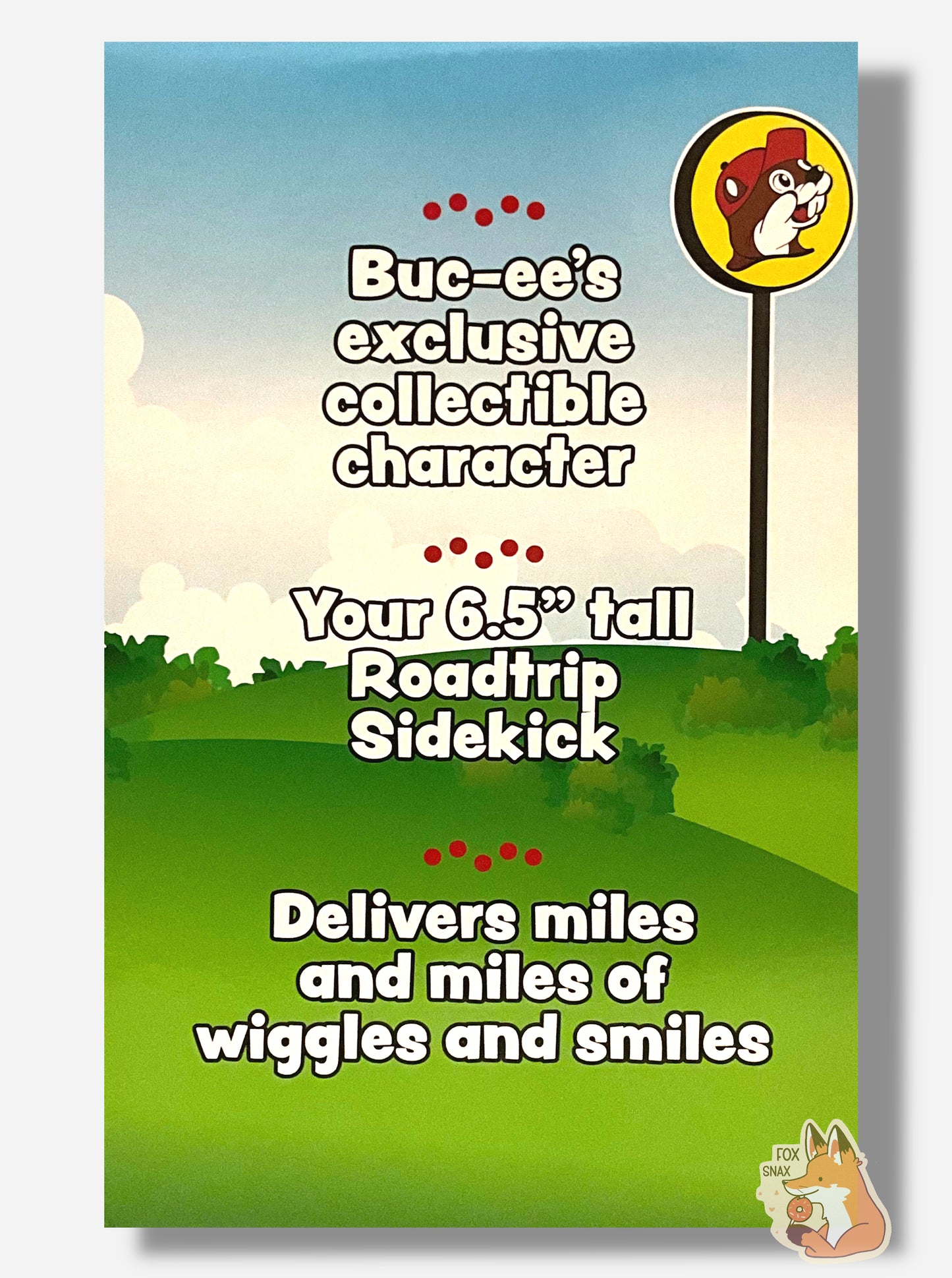 A picture of the right side of a box for a Buc-ee The Beaver Bobblehead.  It shows a cartoon meadow with a Buc-ee's highway sign rising up in the distance.  On the box it states: BUC-EE'S EXCLUSIVE COLLECTIBLE CHARACTER, then YOUR 6.5" TALL ROADTRIP SIDEKICK, then DELIVERS MILES AND MILES OF WIGGLES AND SMILES