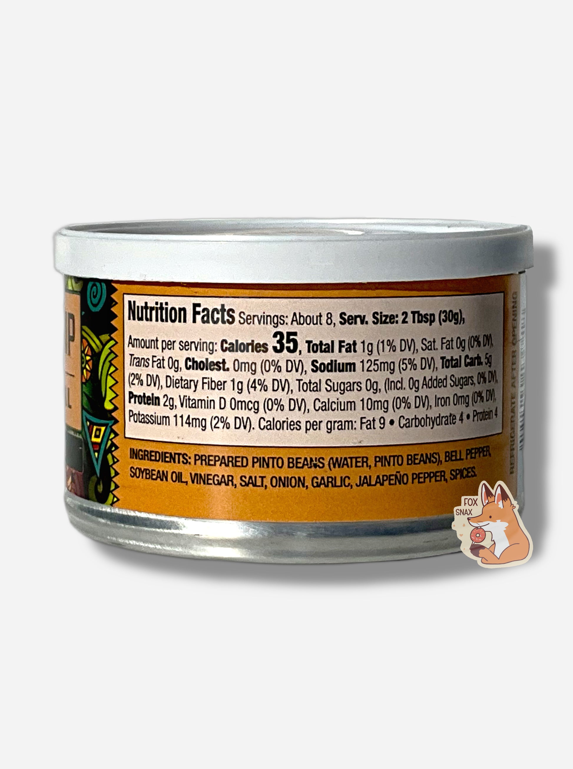 A picture of the back of a can of Buc-ee's Original Bean Dip. The can is short and circular, has a white plastic lid, and shows Nutrition Facts and ingredients.